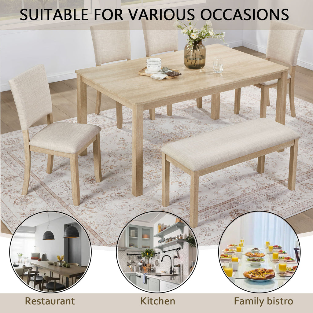6 Piece Dining Table Set With Bench - Beige / Light Oak