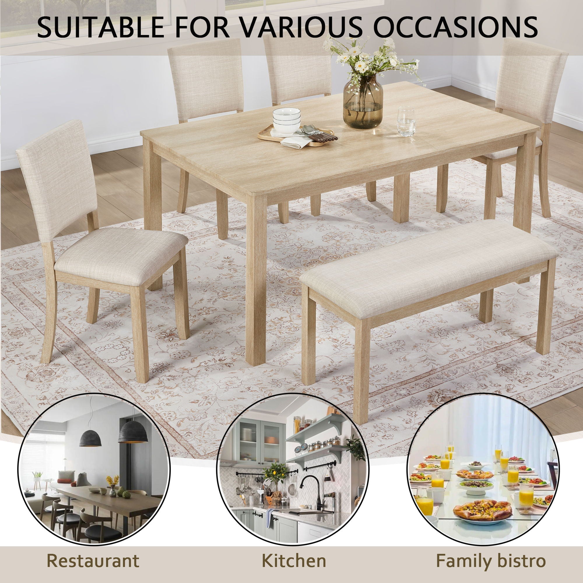 6 Piece Dining Table Set With Bench - Beige / Light Oak