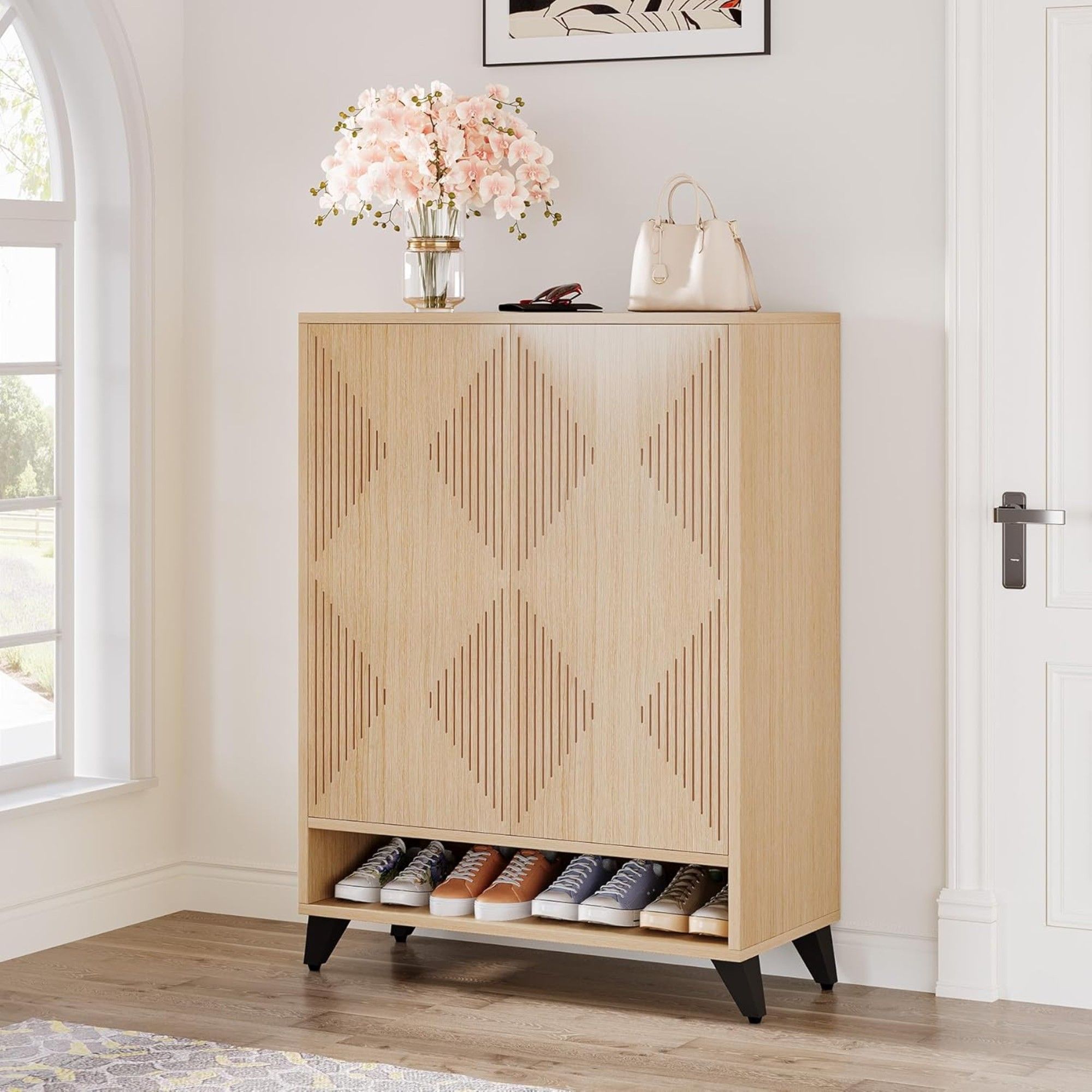6 Tier Shoe Cabinet With Doors, Handle Free Push To Open Storage Unit For Entryway - Natural
