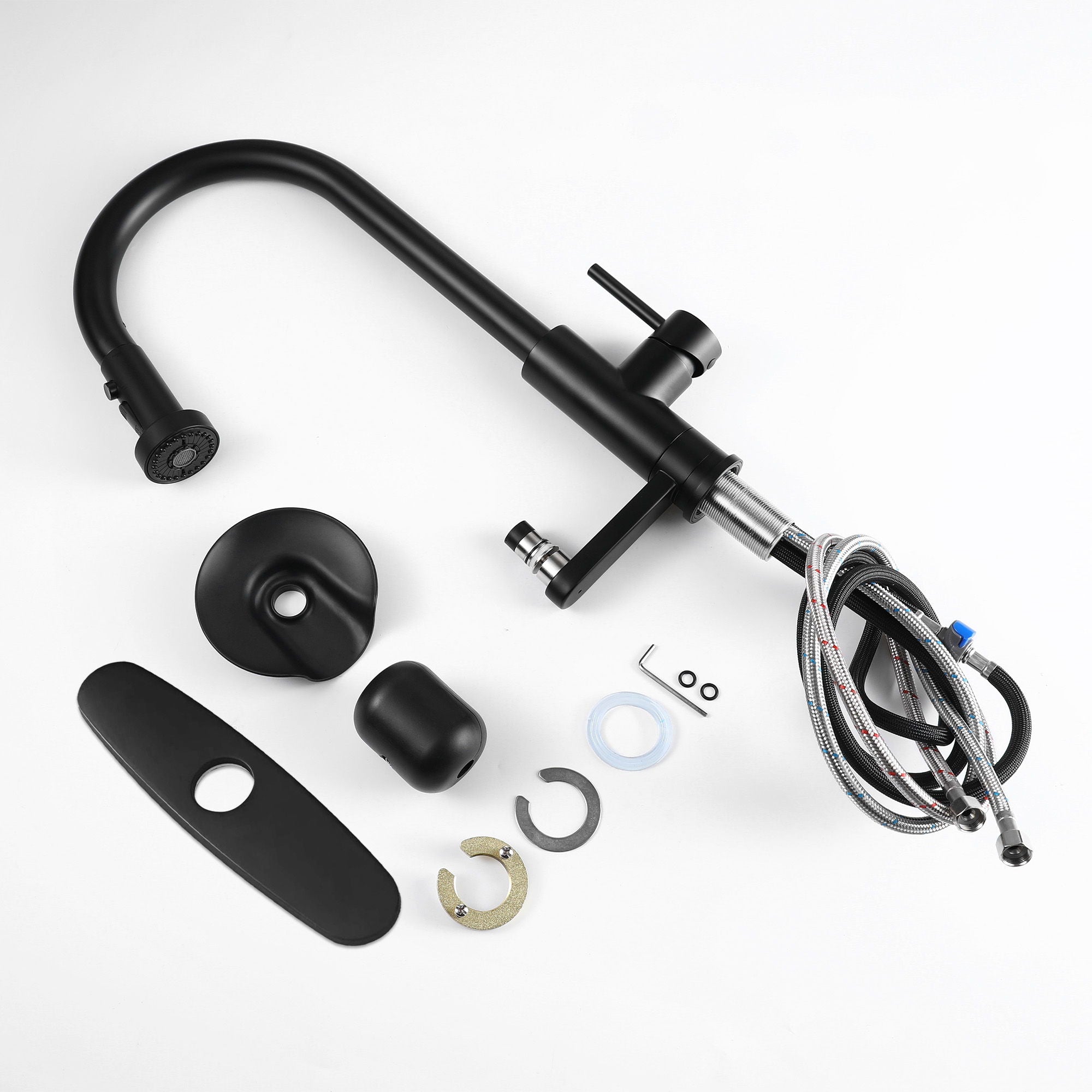 3 In 1 Kitchen Faucet With Press Type Glass Rinser, High Arc Pull Down Sprayer