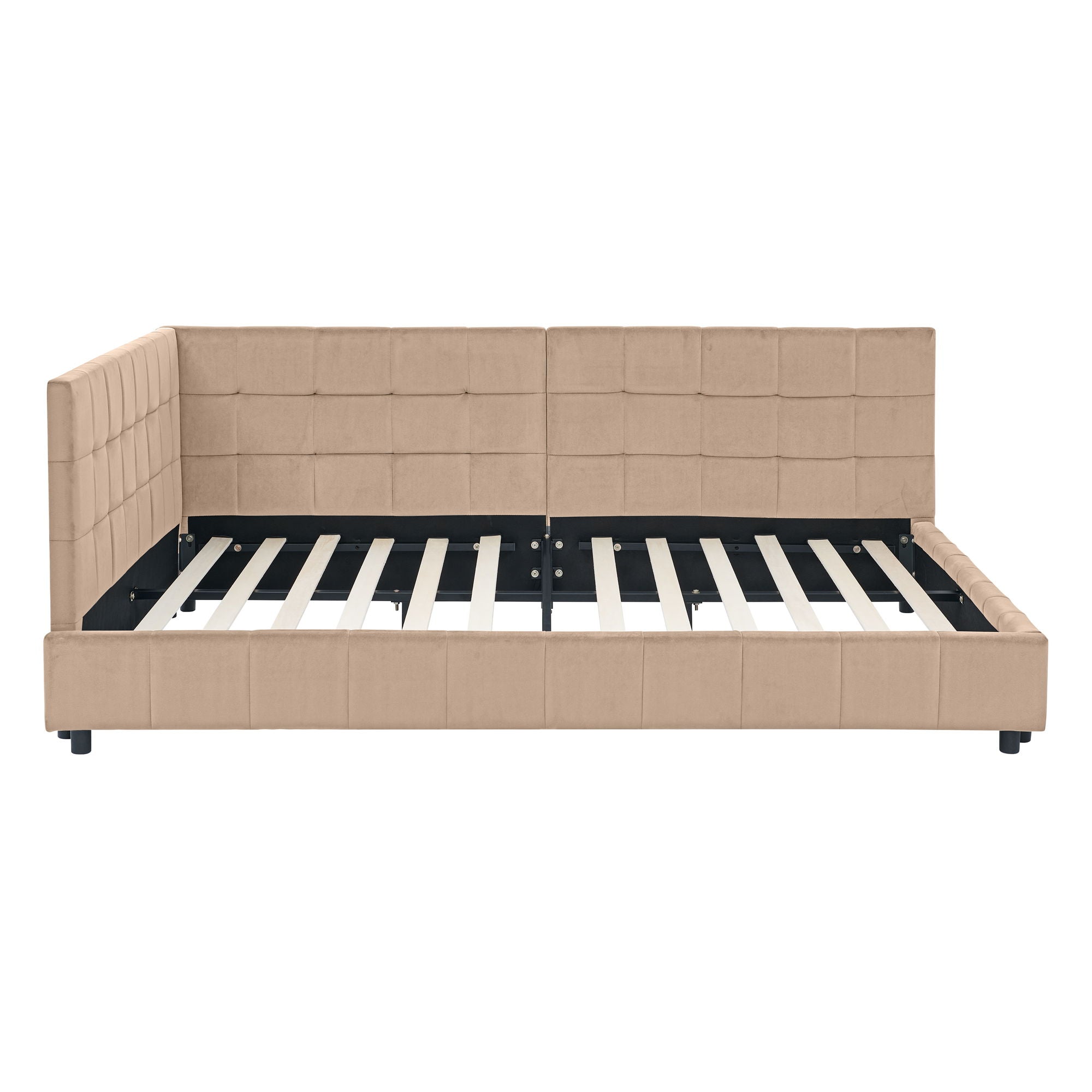 Mid-Century Storage Upholstered Tufted Bed Frame With Backrest And Armrests