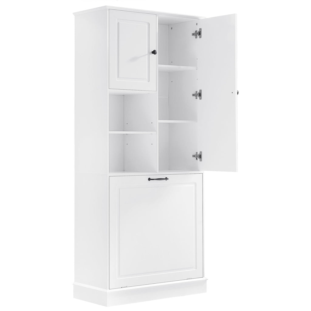 Modern Tall Storage Cabinet With Adjustable Shelves, Flip-Out Basket & Enclosed Doors