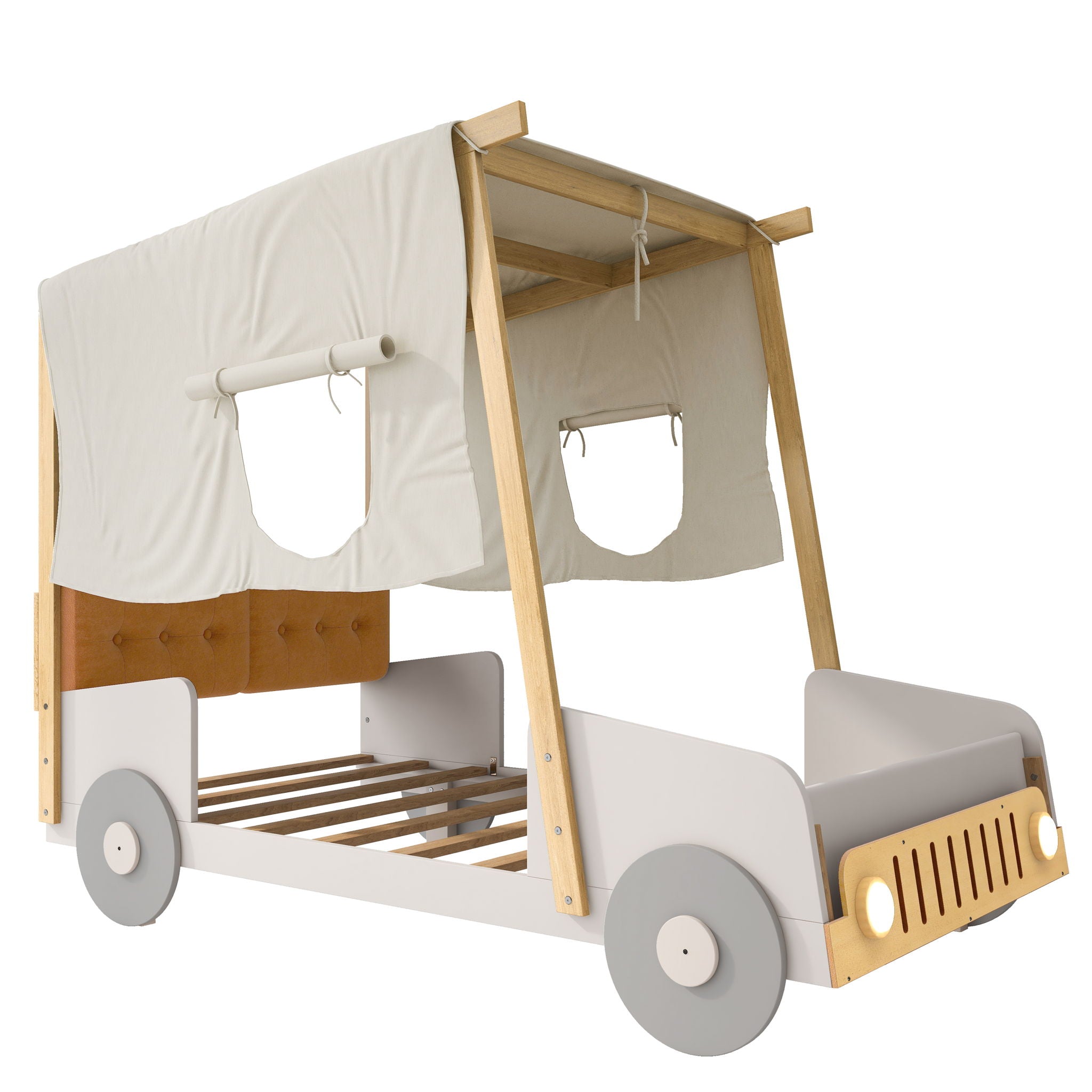 Twin Size Car Bed With Pillow, Ceiling Cloth And LED - Natural