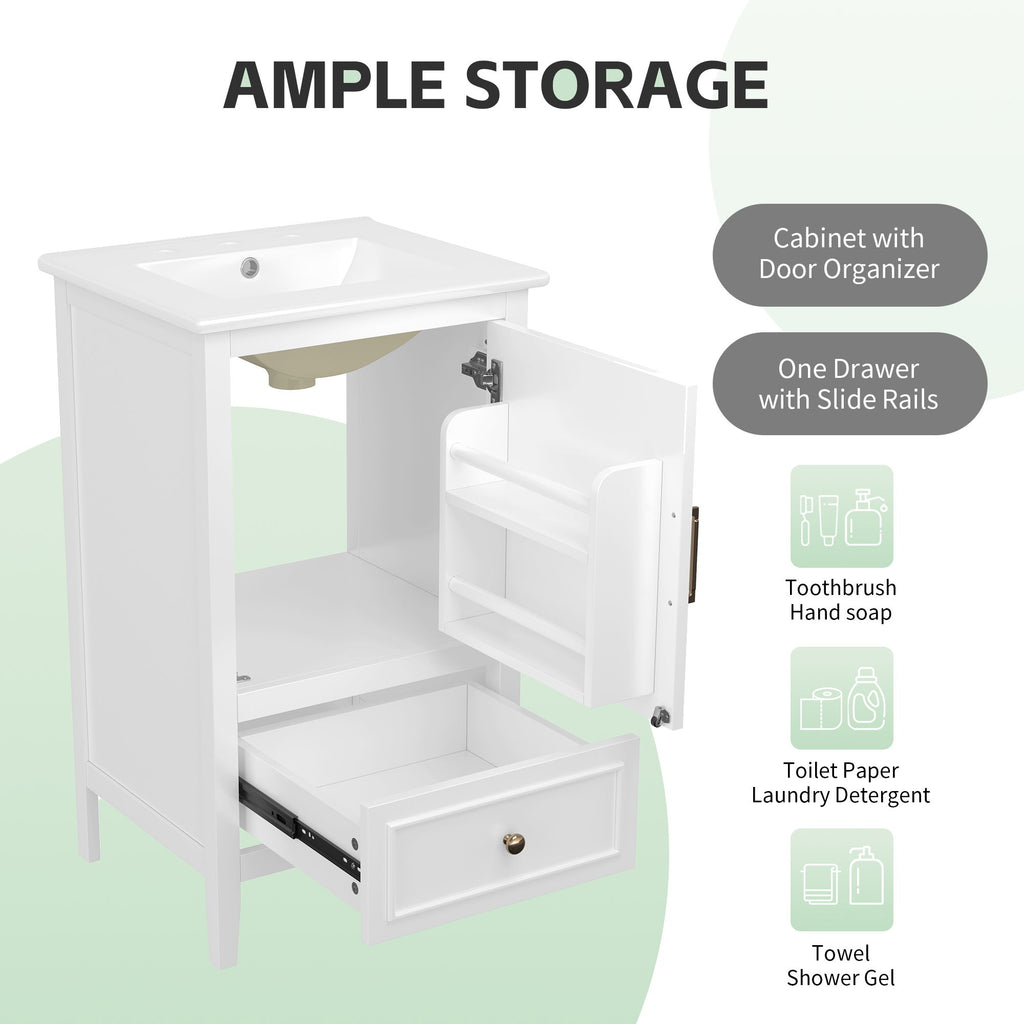 Bathroom Vanity With Sink, Adjustable Feet, 1 Drawer And Door Shelf Storage - White