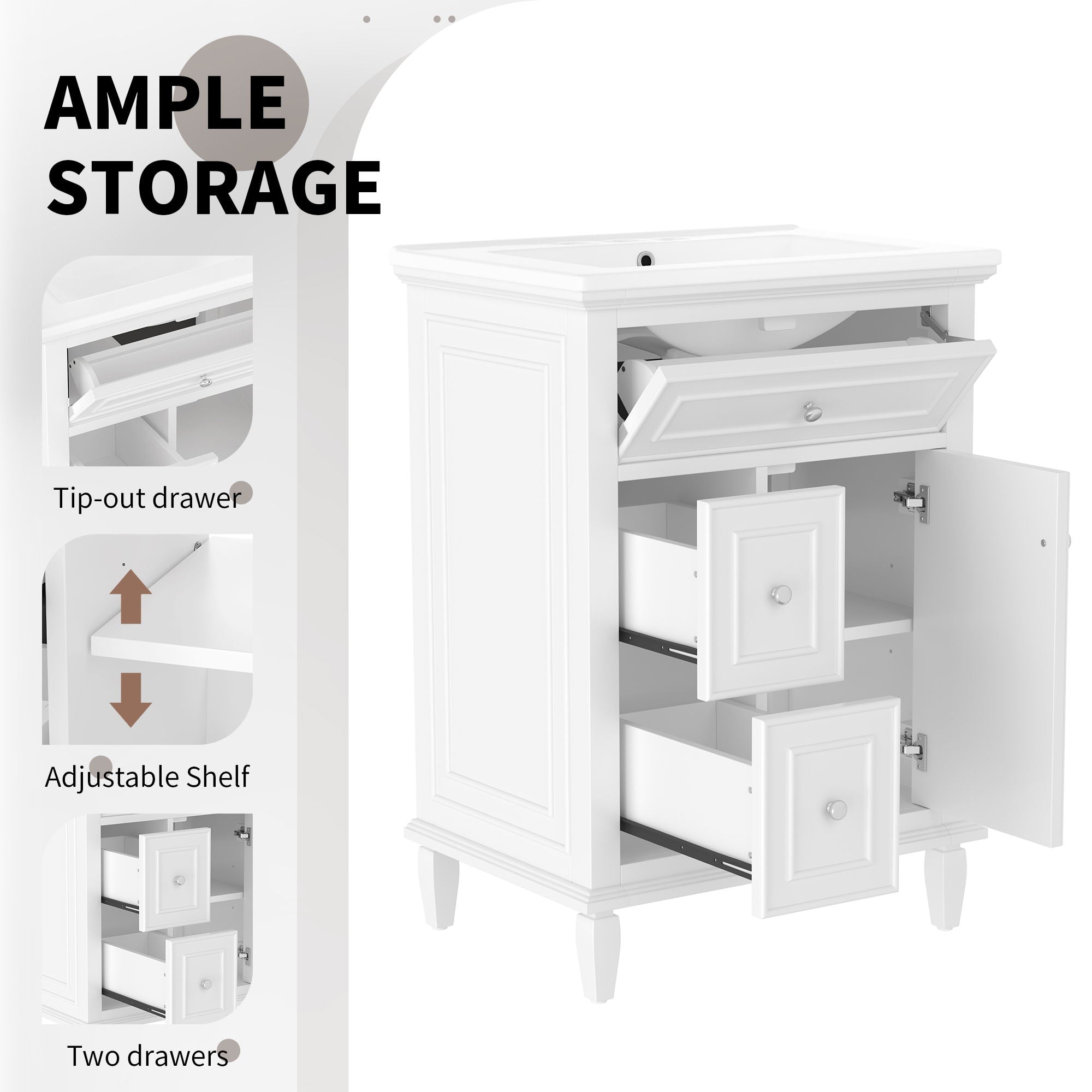 Modern Bathroom Vanity With Sink, Adjustable Shelf, 1 Flip Drawer & 2 Drawers