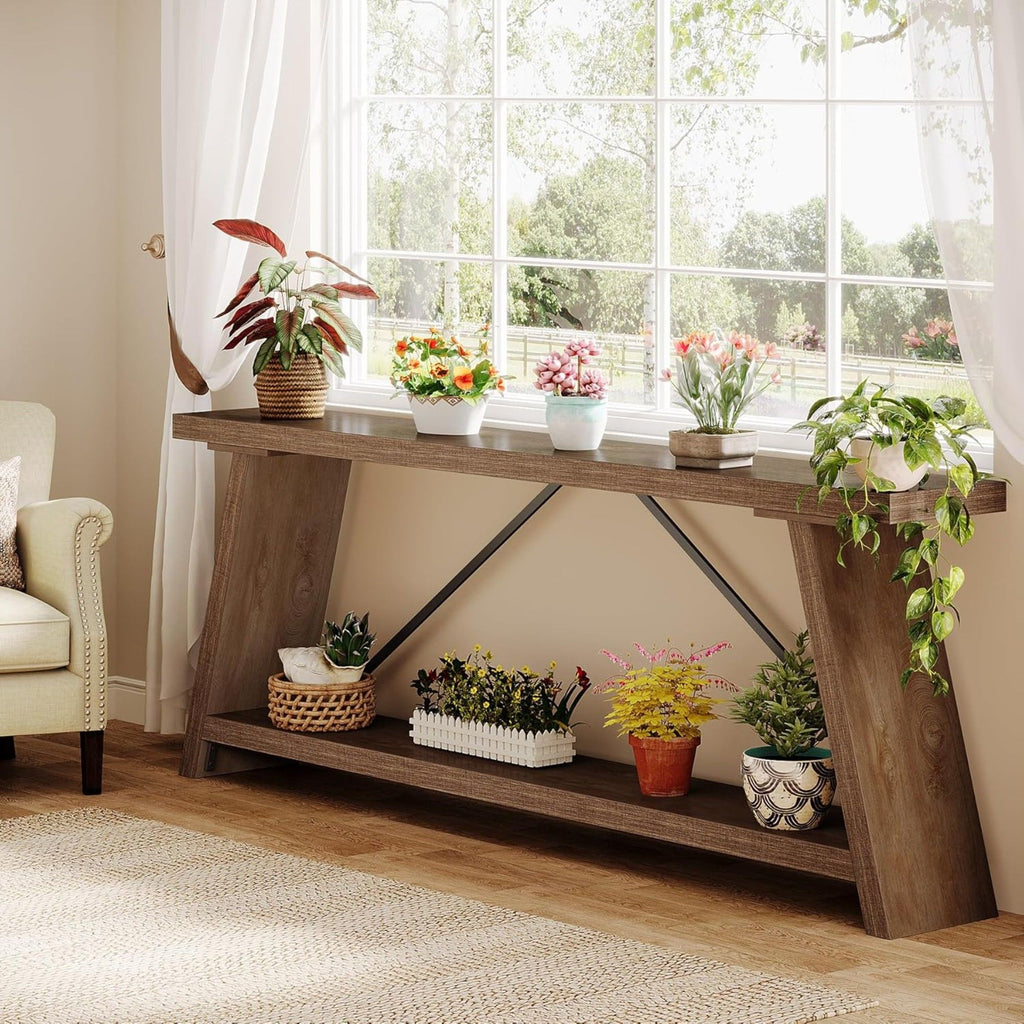 Console Table Extra Long Sofa Table With 2 Tier Shelves For Living Room