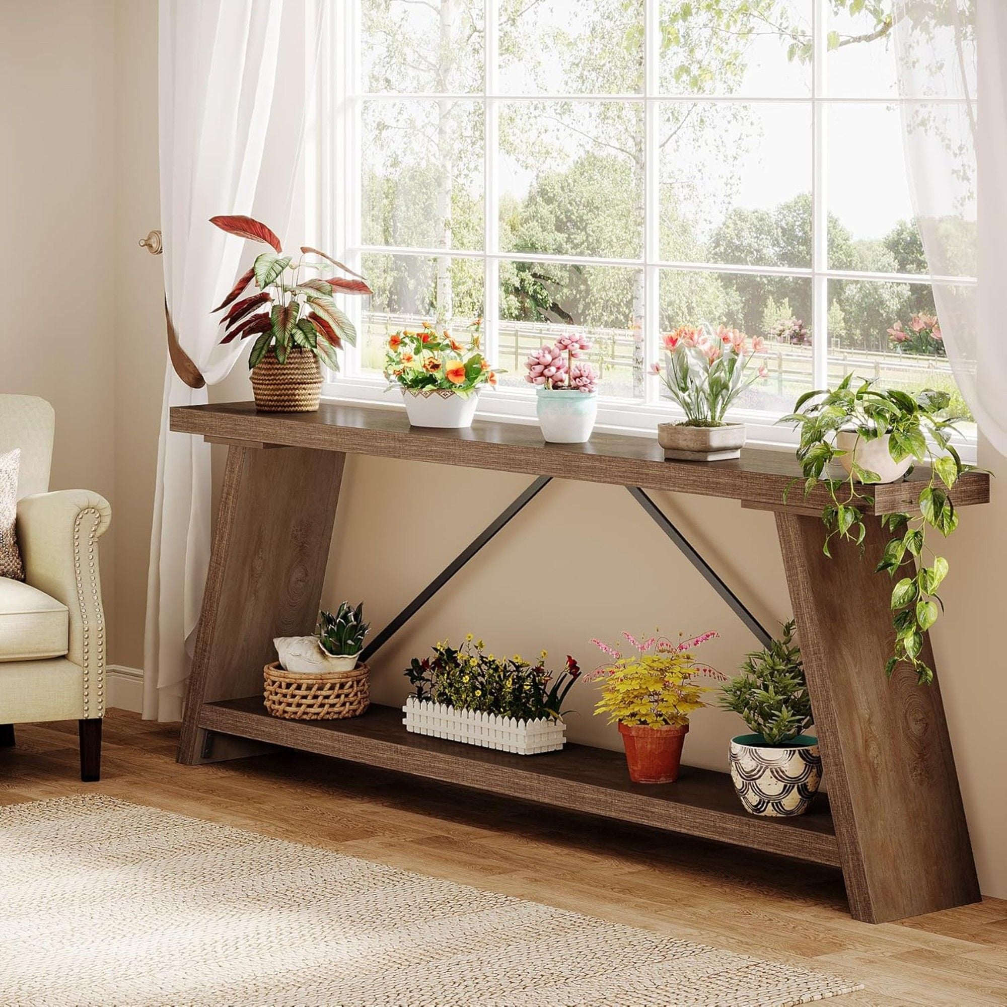 Console Table Extra Long Sofa Table With 2 Tier Shelves For Living Room
