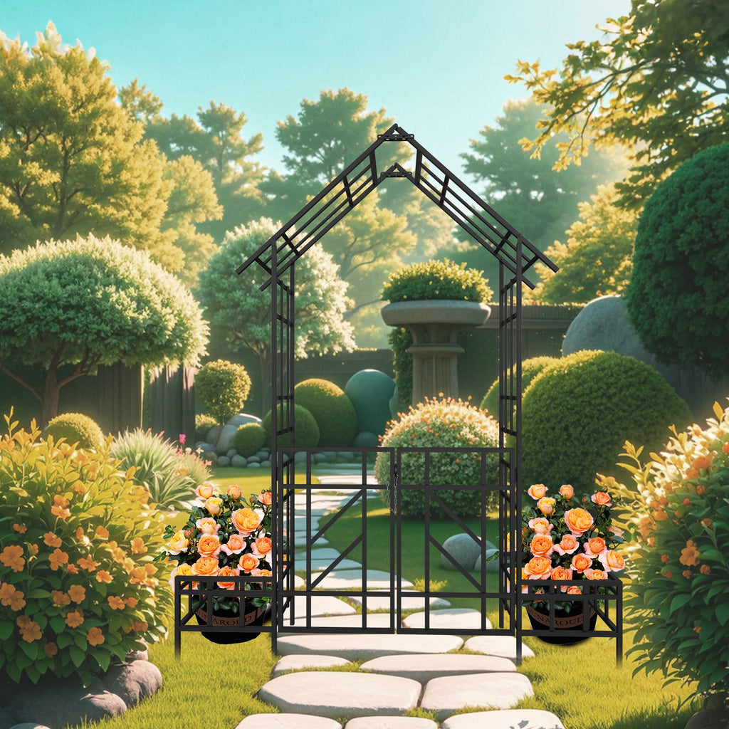 Garden Arch With Gate With Planter, Climbing Plants Support Outdoor - Black