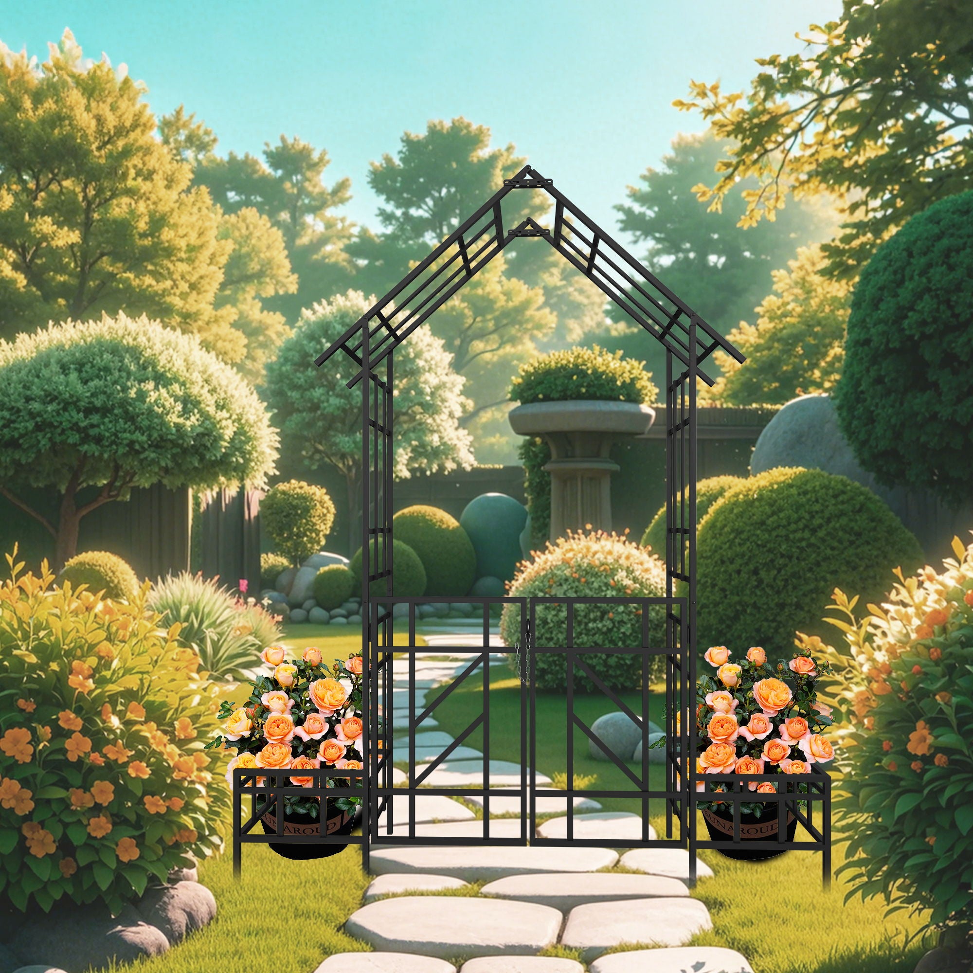 Garden Arch With Gate With Planter, Climbing Plants Support Outdoor - Black