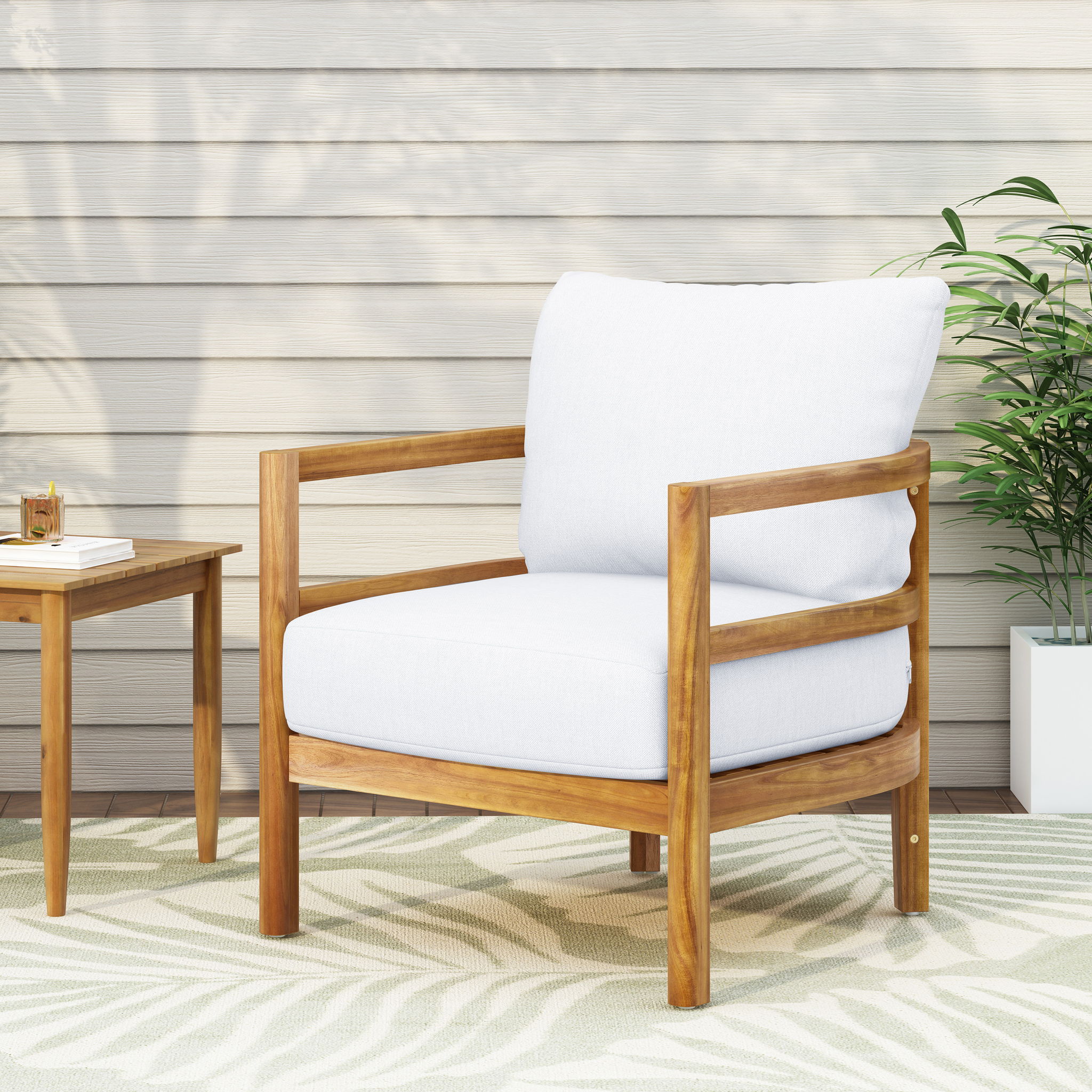 Outdoor Acacia Wood Patio Club Chair, Waterproof Thick Cushion, Deep Seating