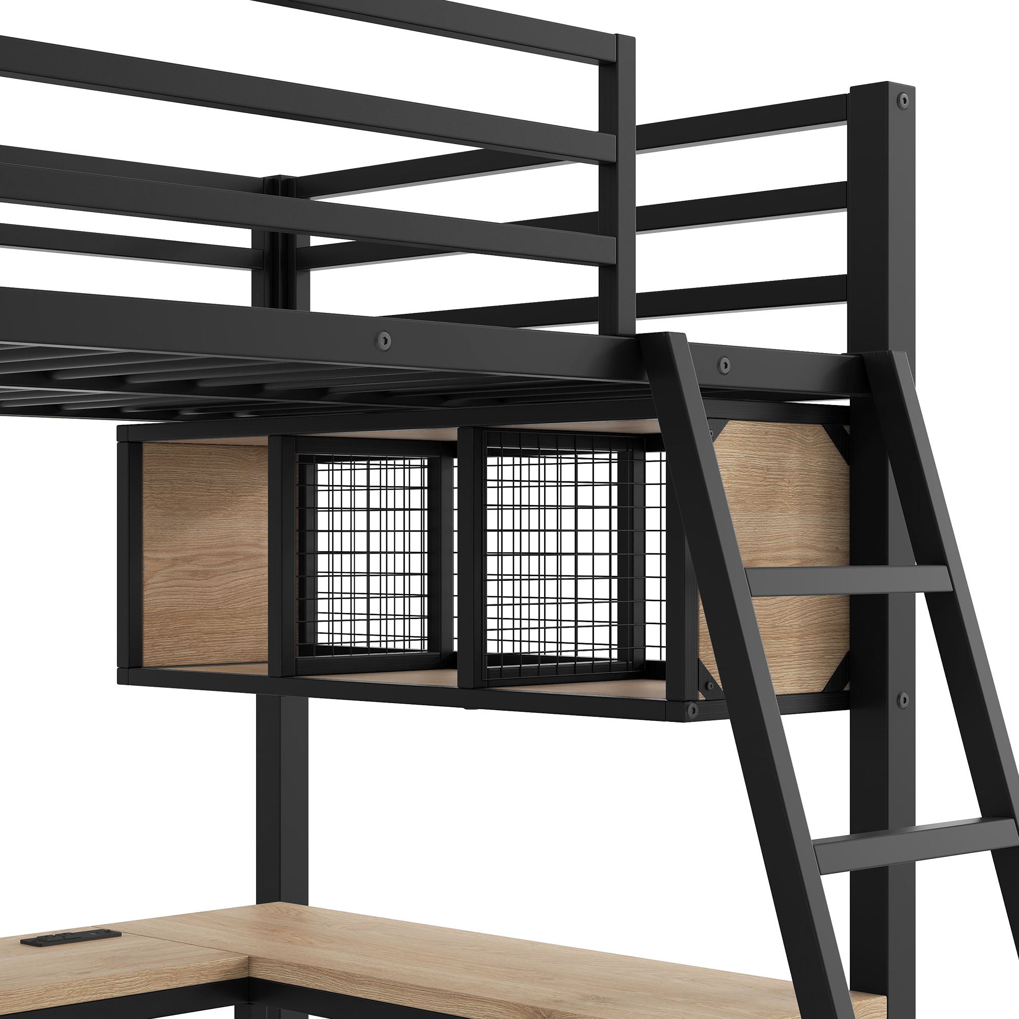 Mission Style Twin L-Shaped Loft Bed With LED, Storage Shelves, 2 Charging Stations, And 2 Built In Desks - Black
