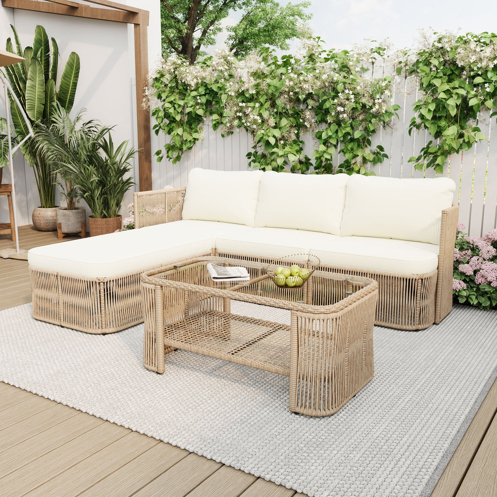 Outdoor Modular Conversation Sofa With Cushions And Coffee Table - Beige