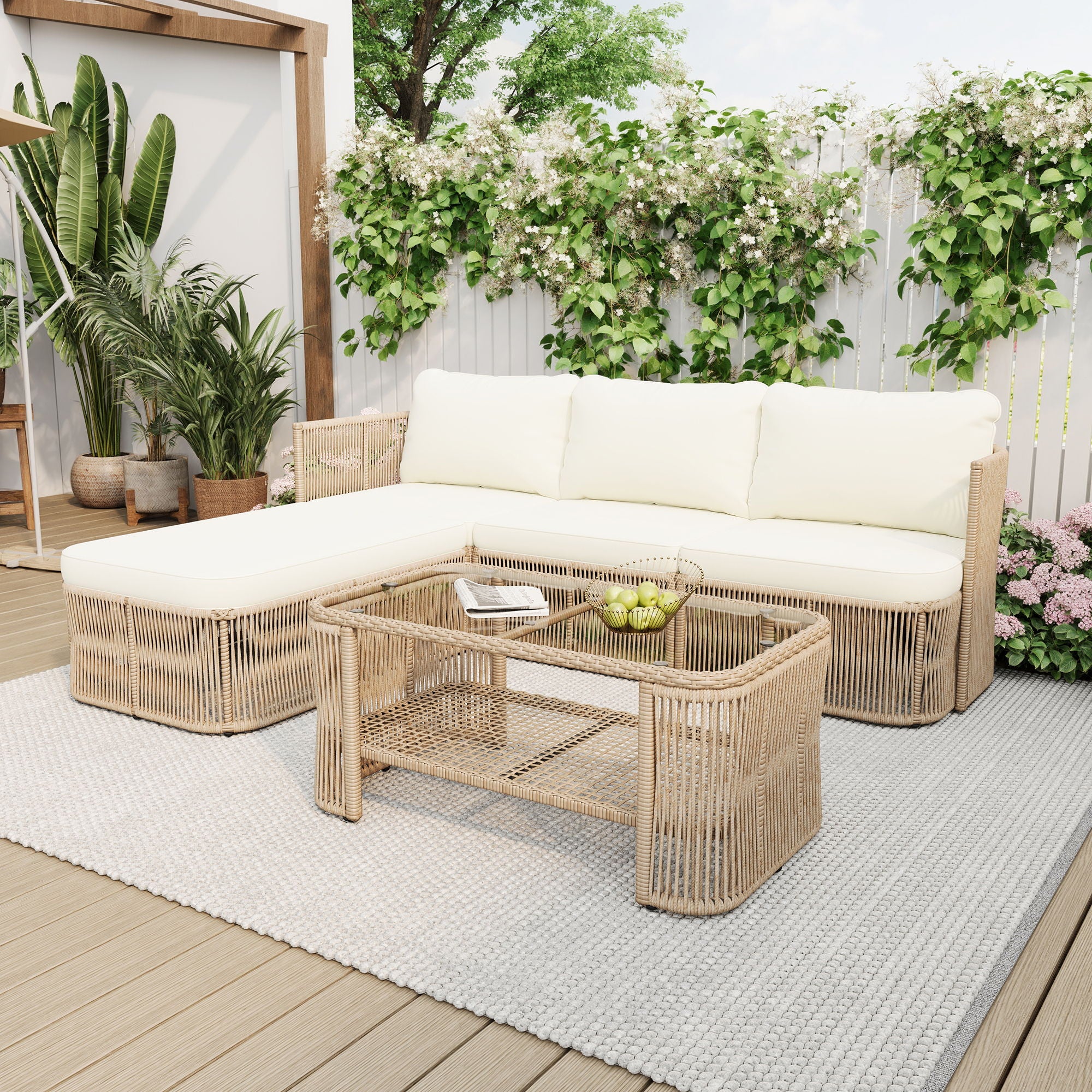 Outdoor Modular Conversation Sofa With Cushions And Coffee Table - Beige