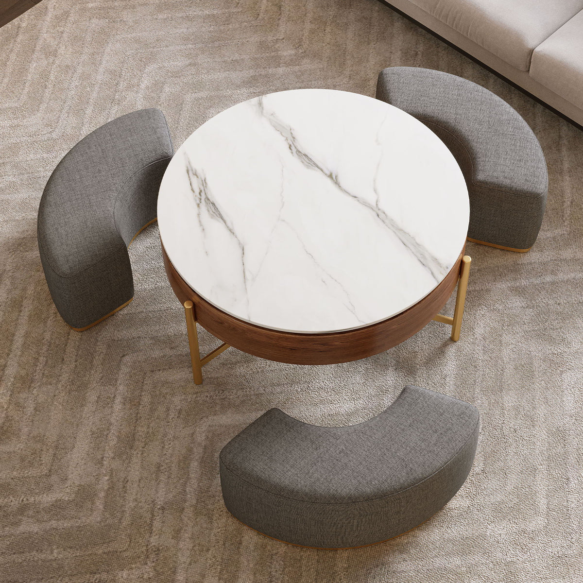 Lift Top Round Coffee Table With Hidden Storage, 3 Upholstered Nesting Ottomans - Brown / Gray / Golden / White