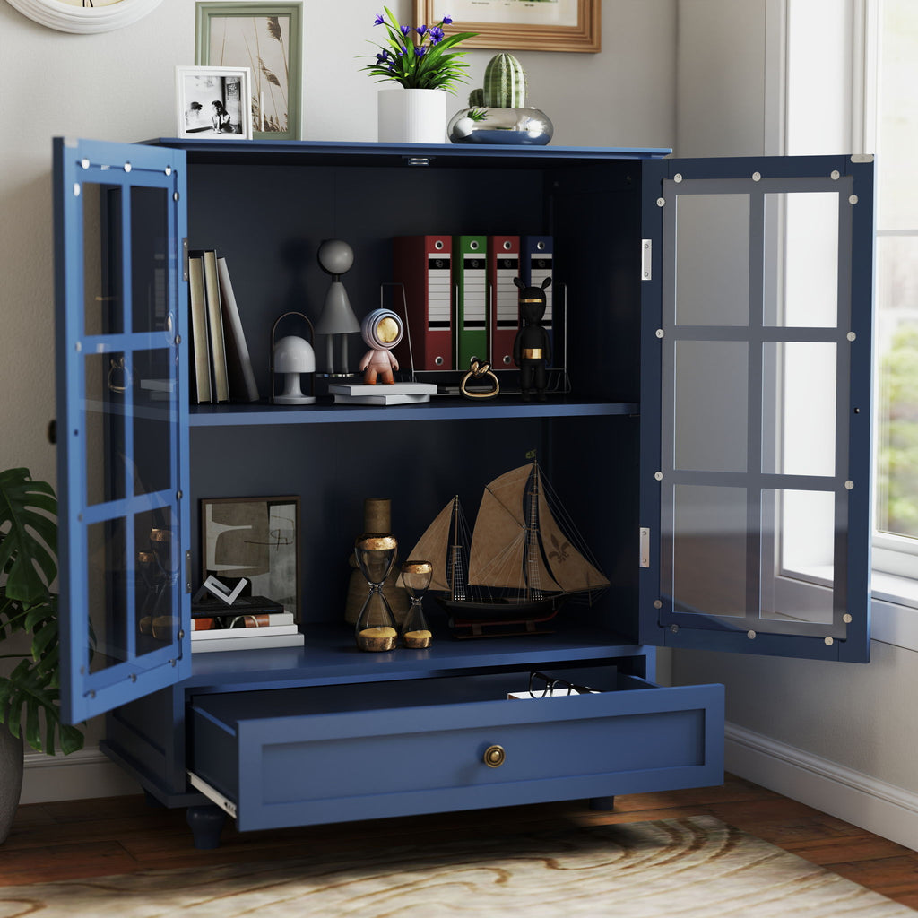 Minimalist Buffet Cabinet With Double Glass Doors And Drawer