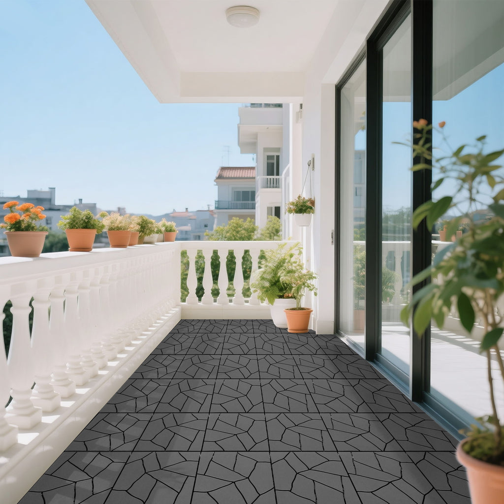 Stone Style Patio Deck Tiles, Diy Interlocking Outdoor Indoor Floor Tiles (Set of 44) - Dark Gray