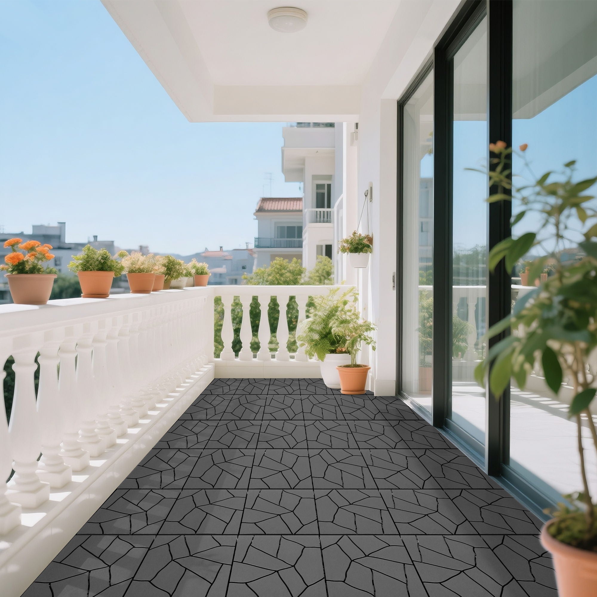 Stone Style Patio Deck Tiles, Diy Interlocking Outdoor Indoor Floor Tiles (Set of 44) - Dark Gray