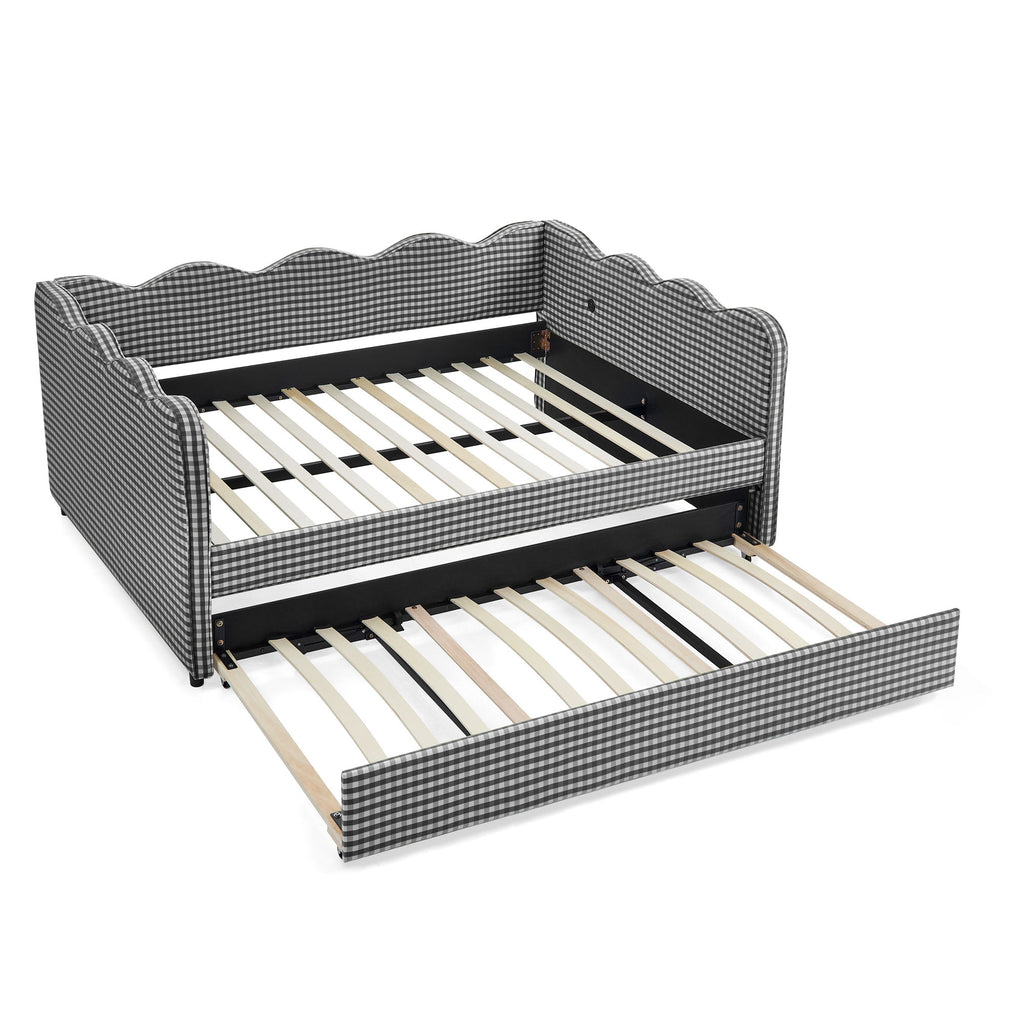 Gingham Daybed With USB Charging Port, Wave-Shaped Design