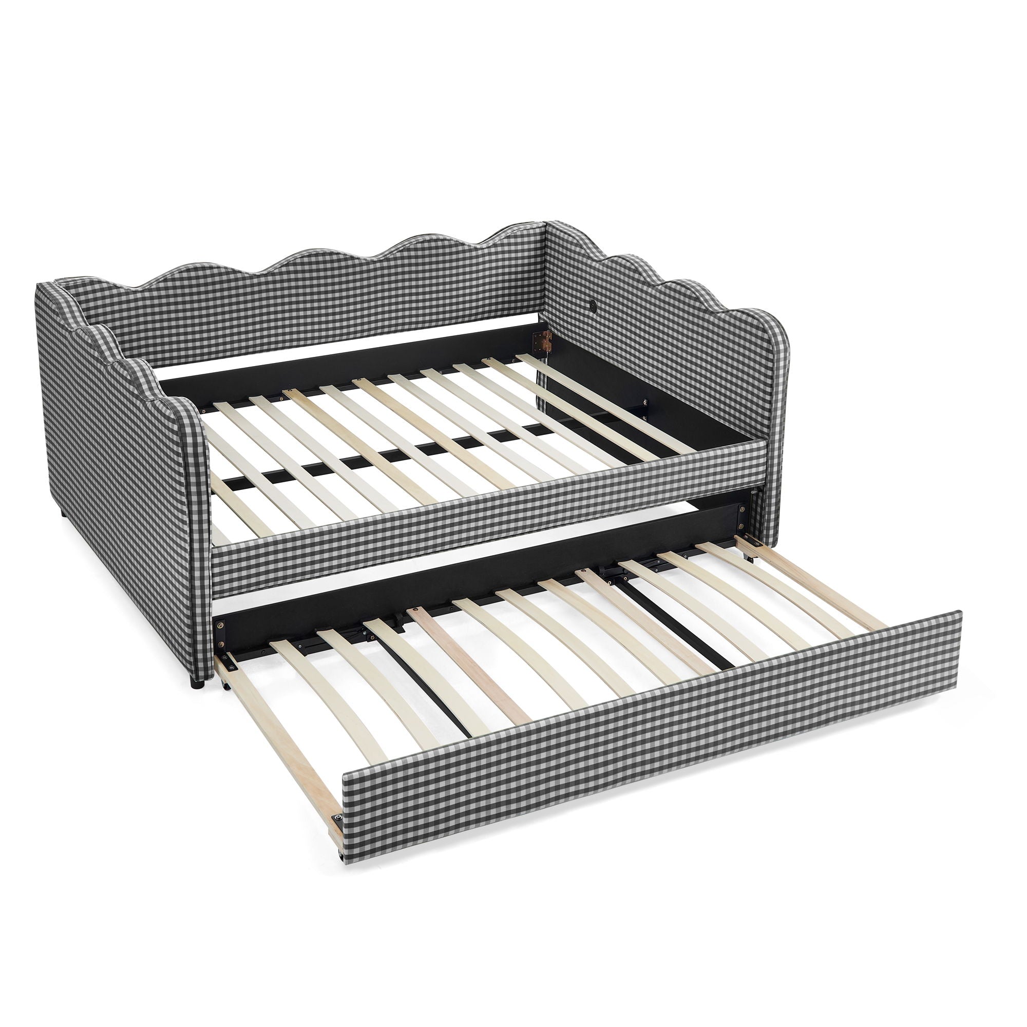 Gingham Daybed With USB Charging Port, Wave-Shaped Design