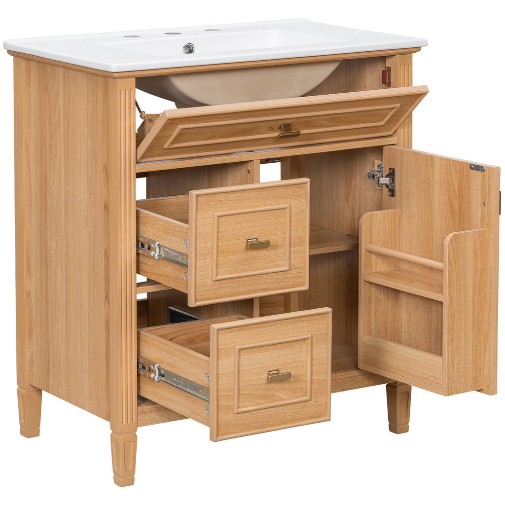 Bathroom Vanity With Sink, Flip Drawer & Adjustable Shelf - Natural