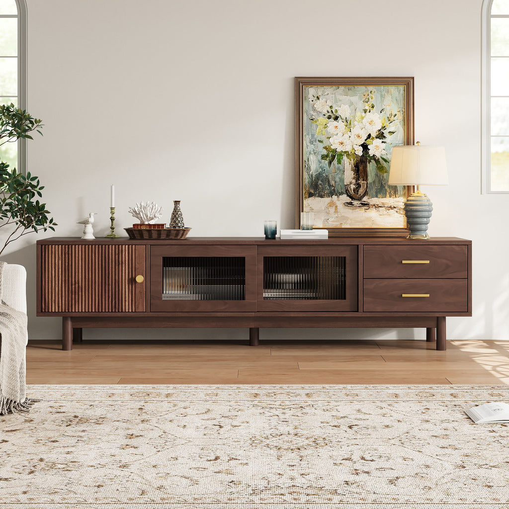 TV Stand With Sliding Doors And 2 Drawers For Living Room - Dark Brown