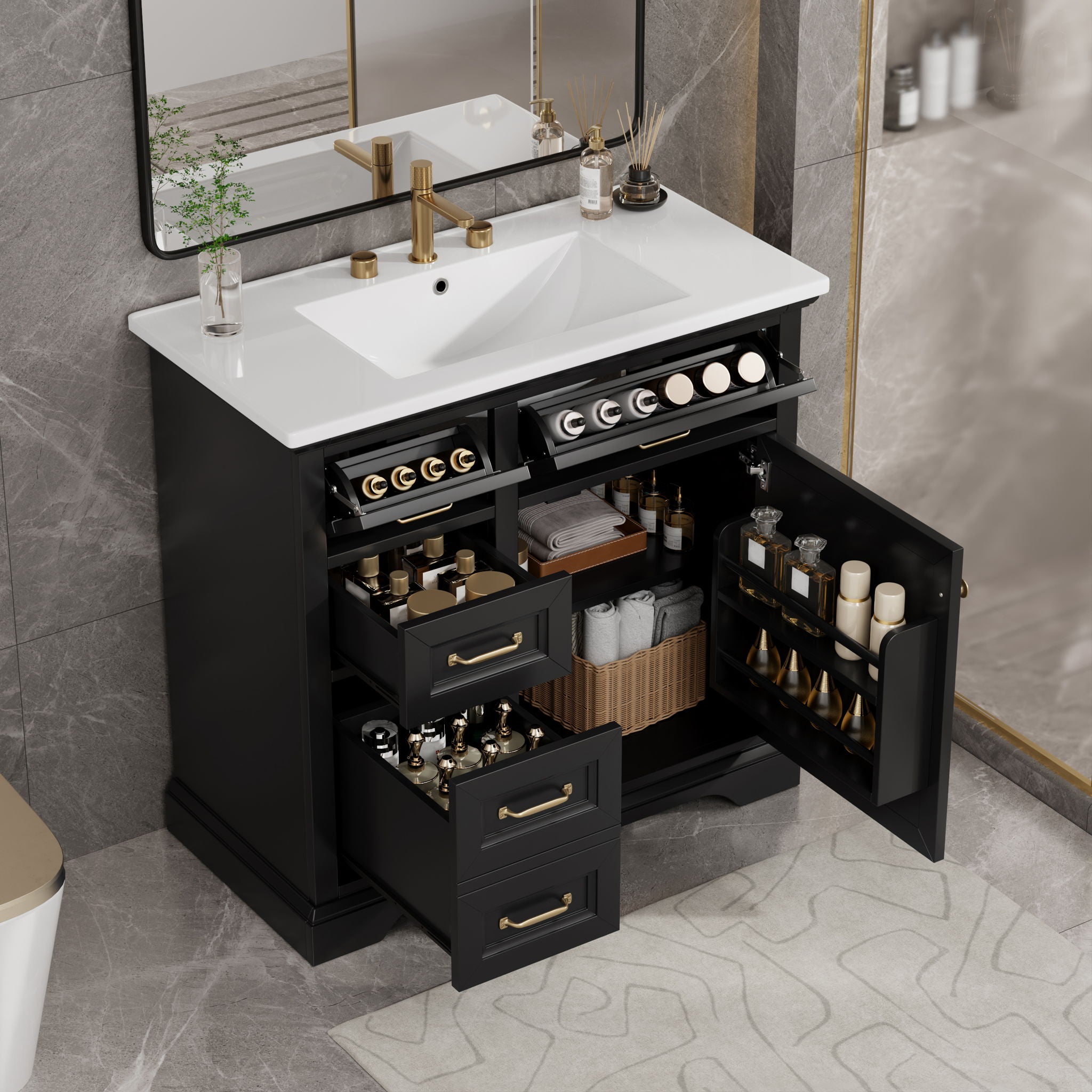 Modern Bathroom Vanity With Sink Top, 4 Drawers And 1 Soft-Close Door