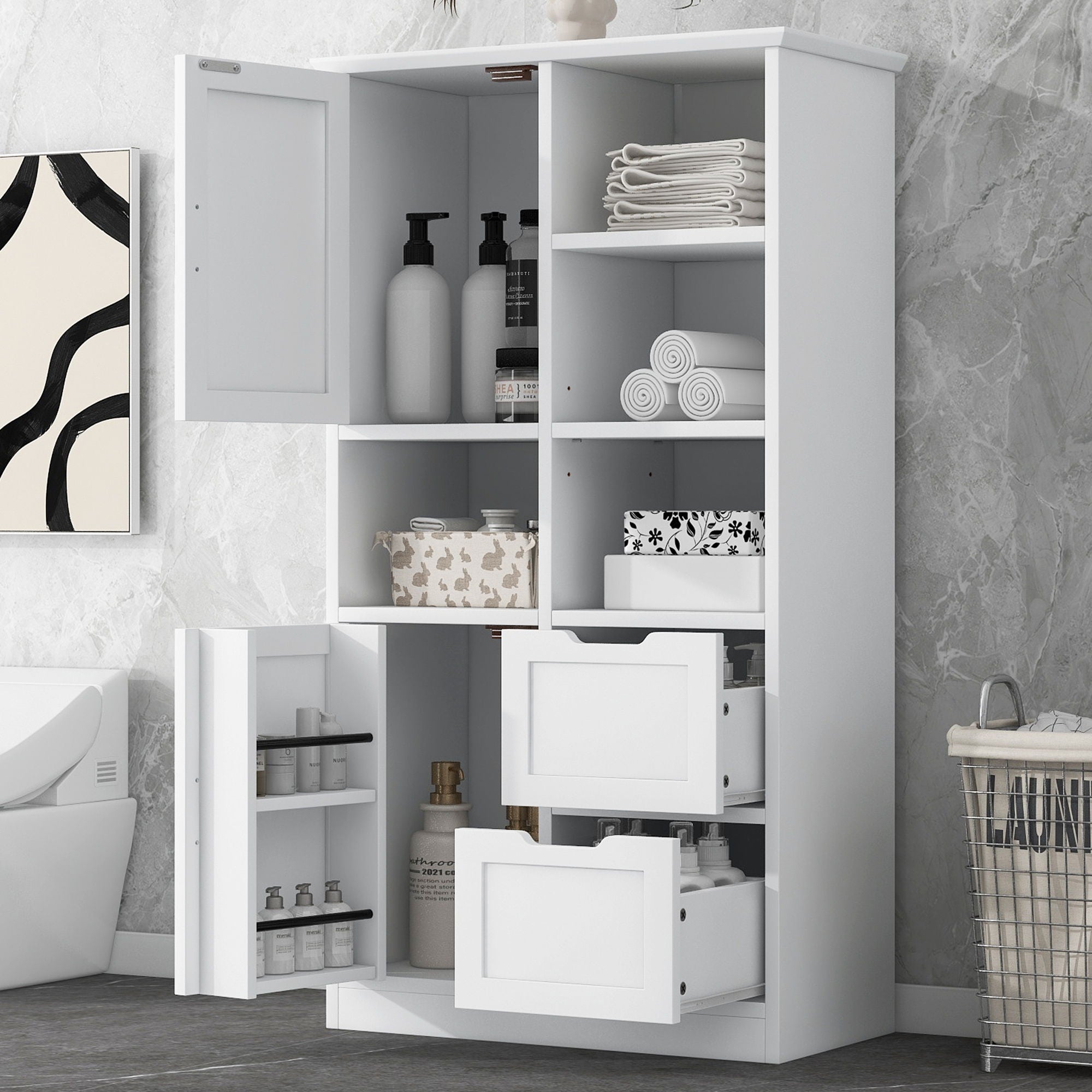 Freestanding Bathroom Storage Cabinet With Doors And Drawers, Adjustable Shelf, Open Shelves - White