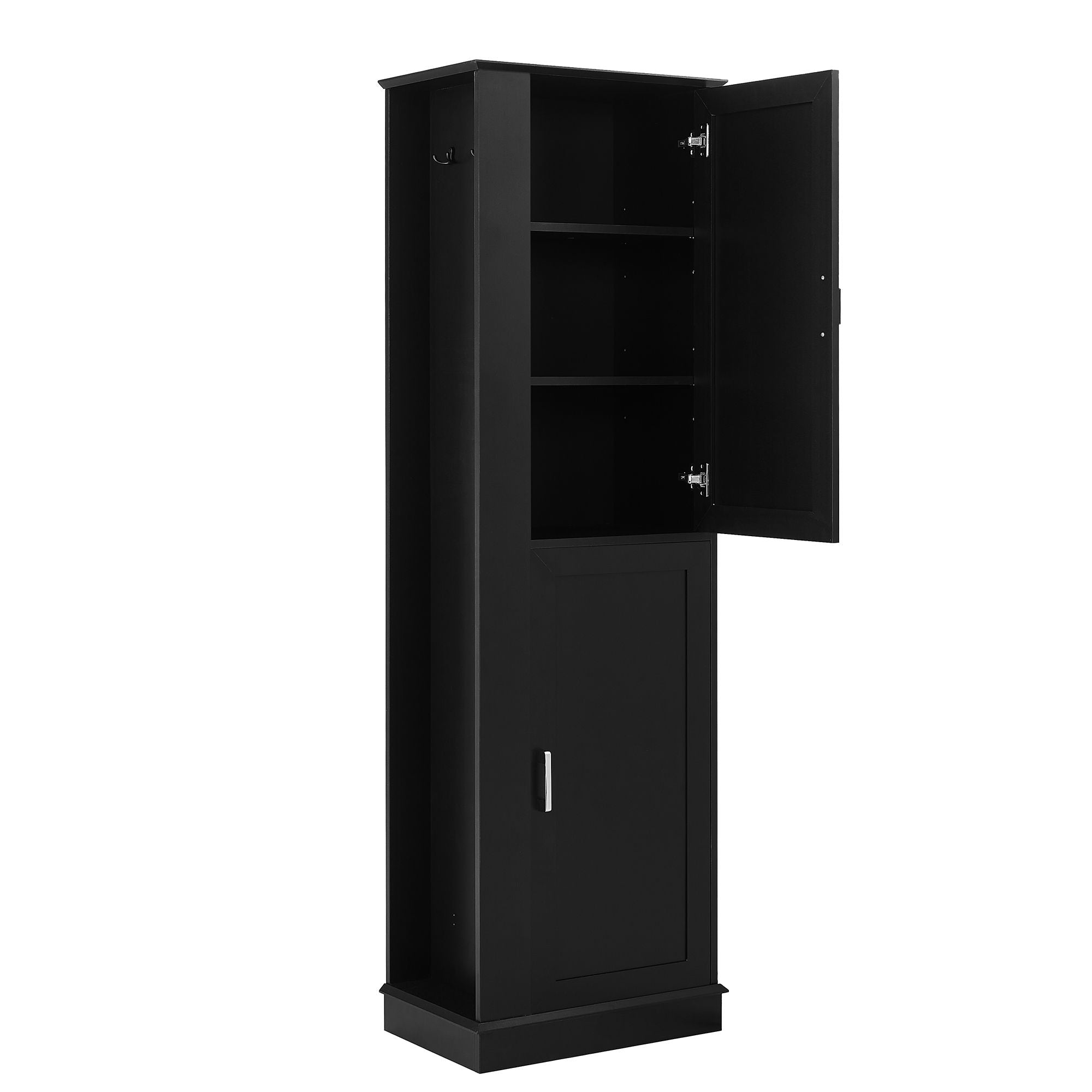 Tall Freestanding Bathroom Storage Cabinet With Adjustable Shelves And Side Hooks