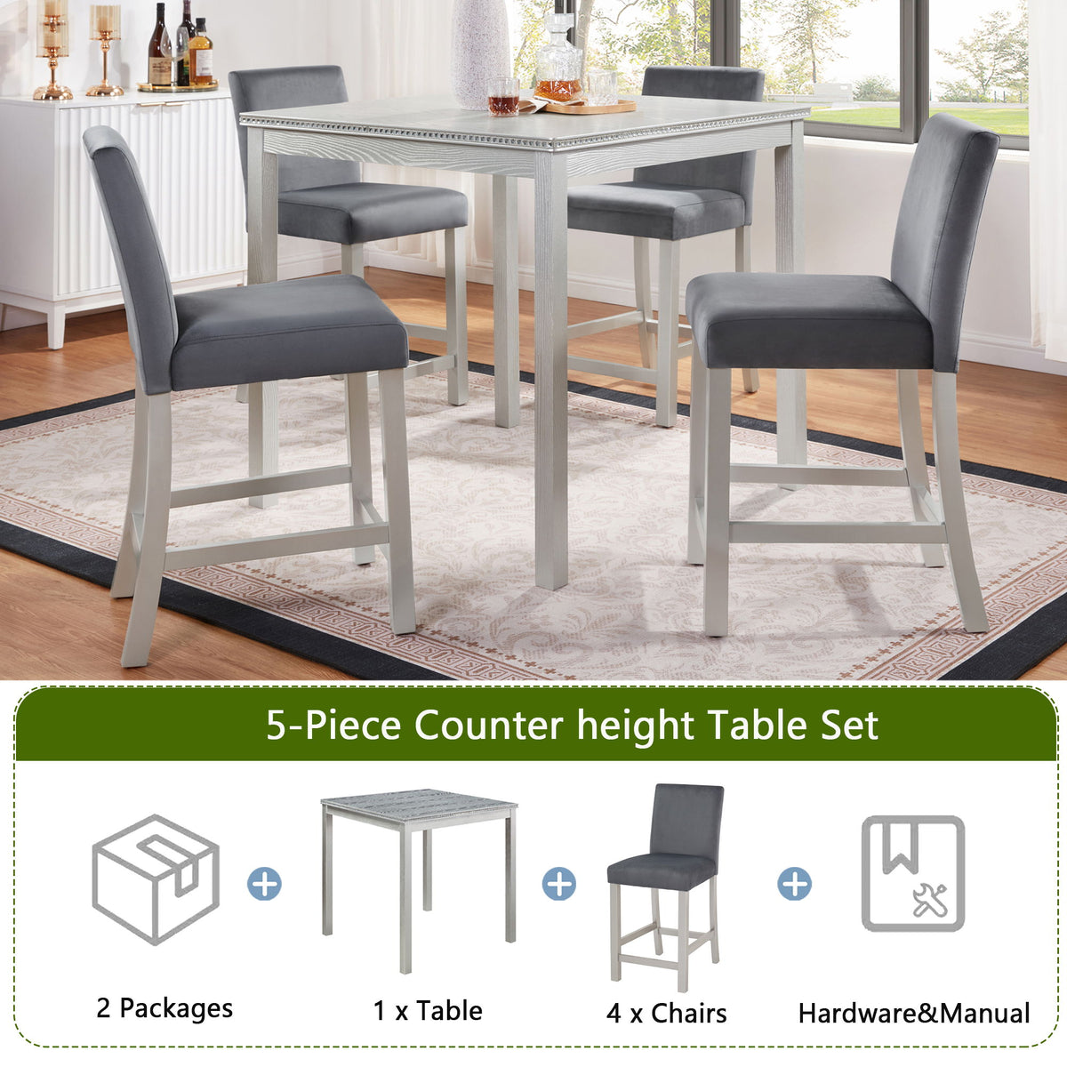 5 Pieces Counter Height Table Set, Kitchen Table With Square Table And 4 Upholstered Chairs