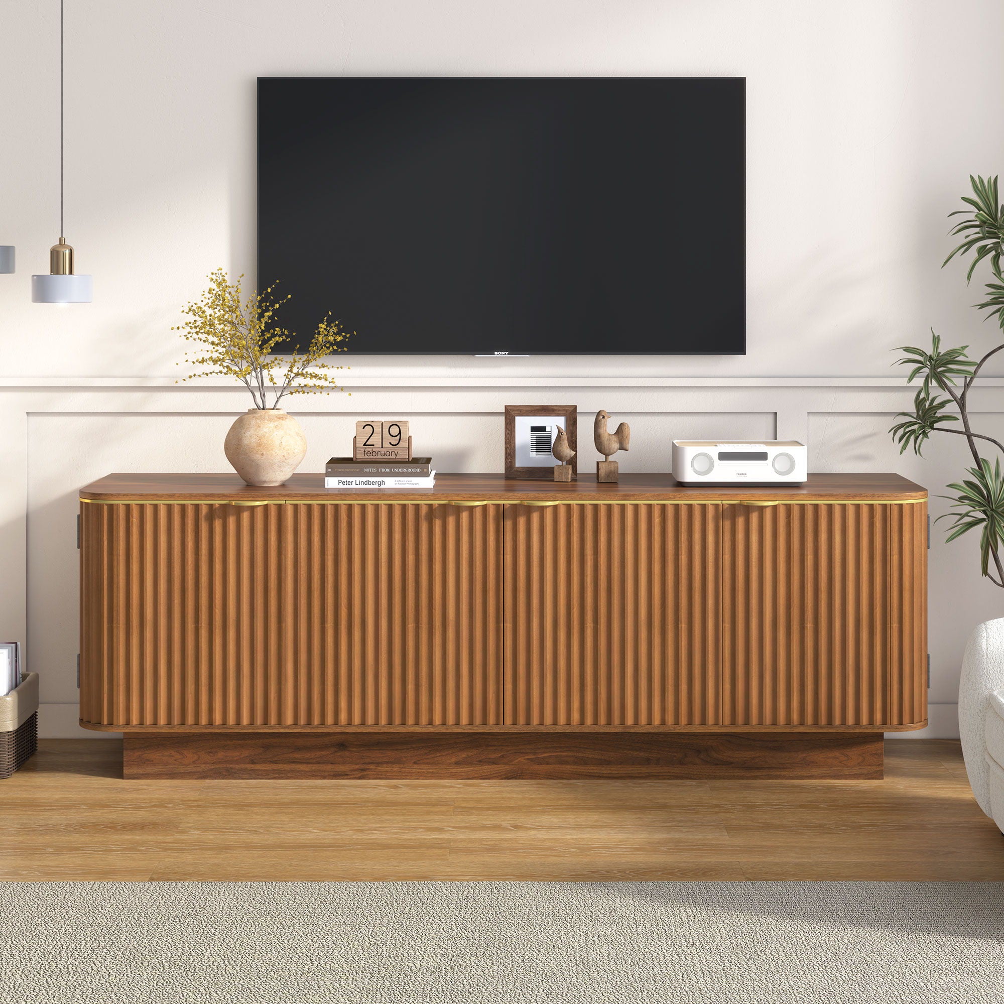 TV Stand, Fluted Media Console With Adjustable Shelves And Cable Holes