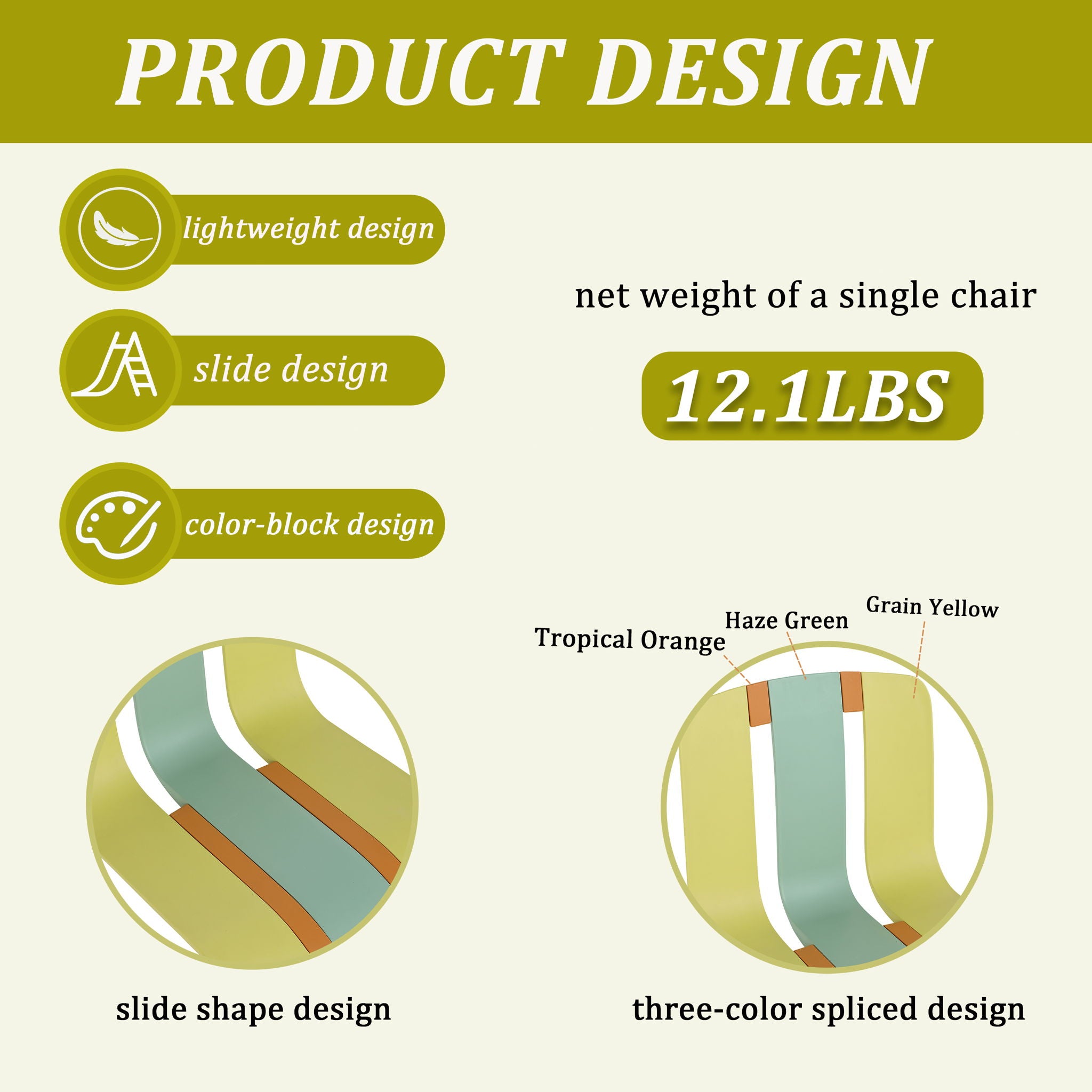 4 Piece Set Of Striped Color Blocking Single Chairs & Long Table - Grain Yellow / Haze Green / Tropical Orange / White