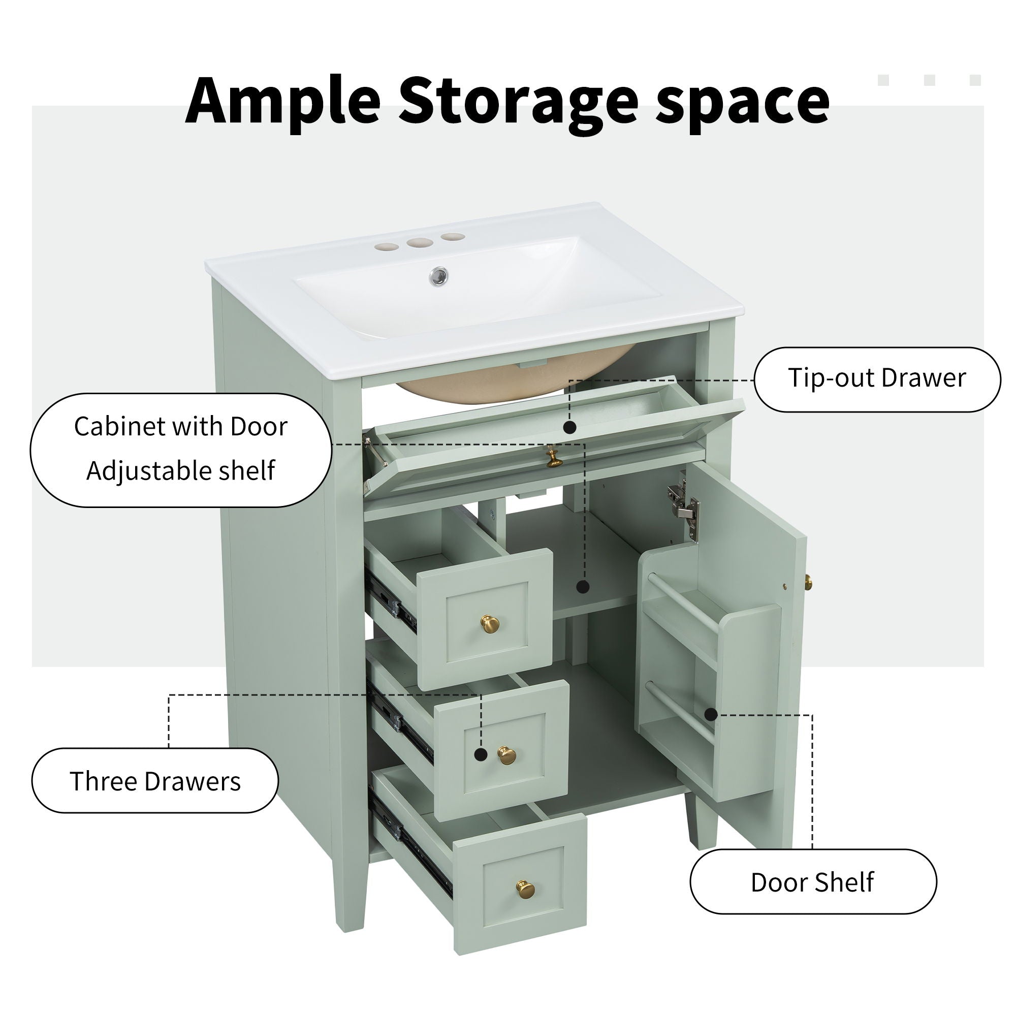 Bathroom Vanity With Sink, 3 Drawers & Cabinet With Adjustable Shelves