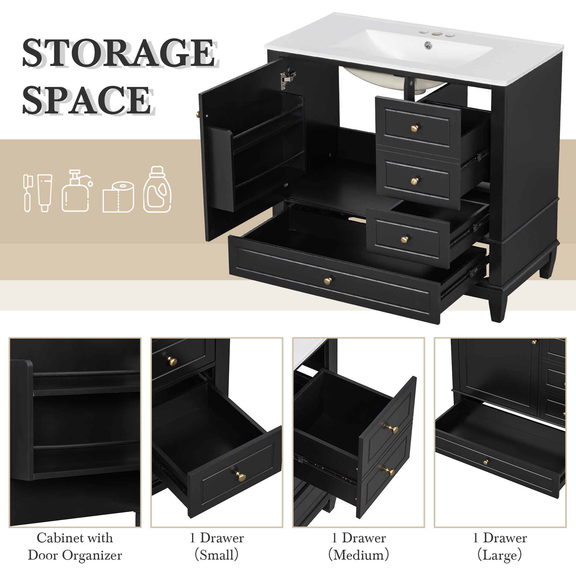 Modern Bathroom Vanity With Sink, 3 Drawers & Cabinet