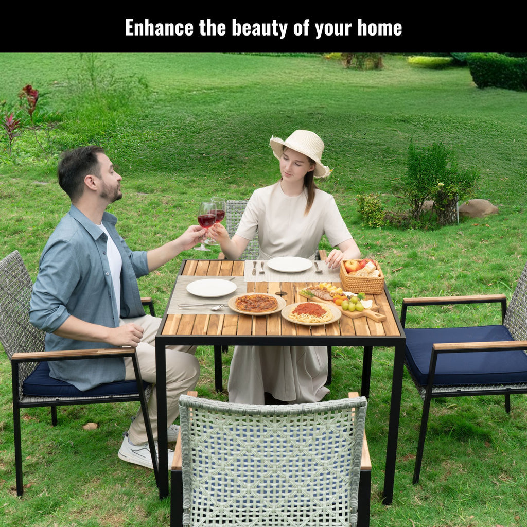 5 Piece Patio Dining Table Set, Acacia Wood Table Top With Umbrella Hole