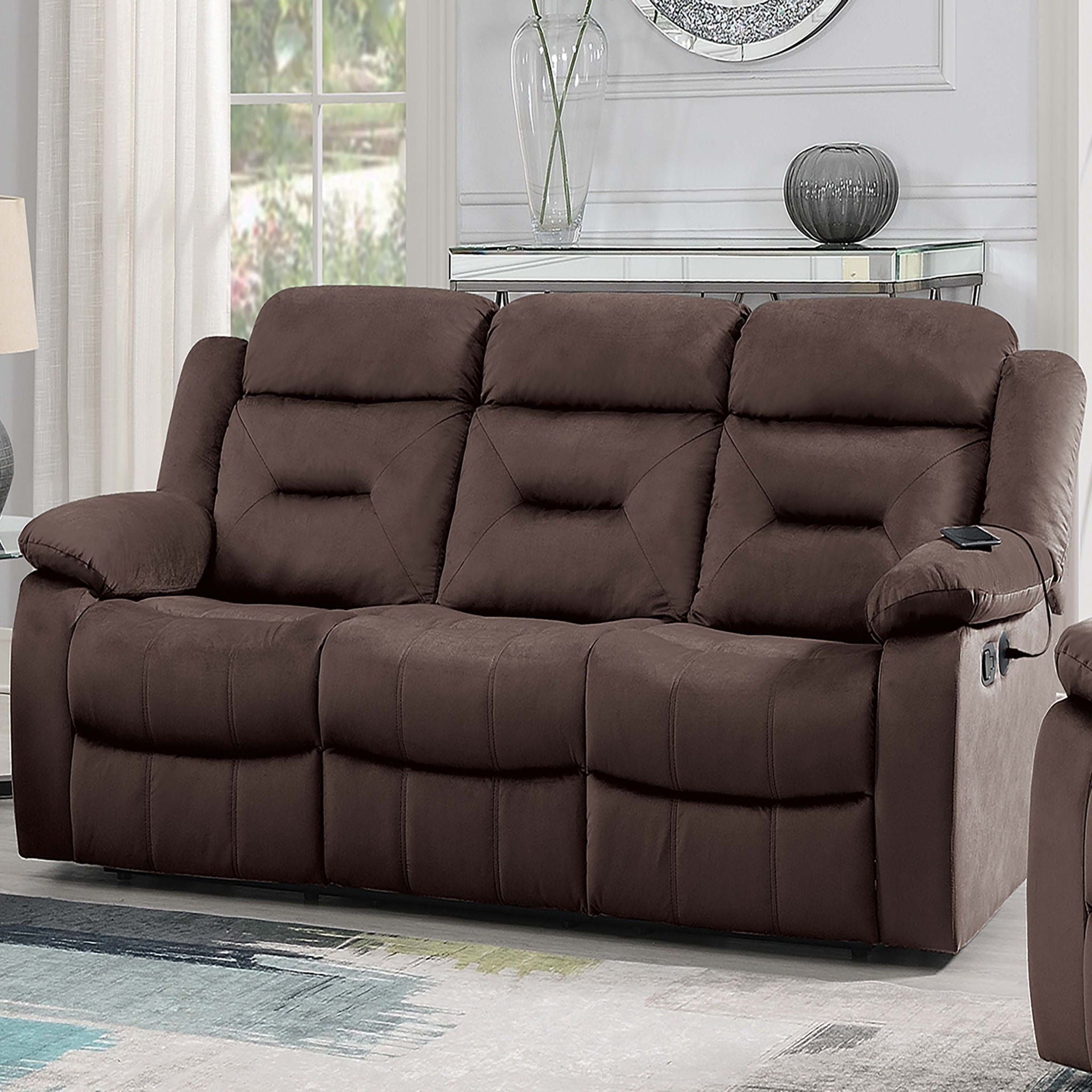 Modern Recliner Sofa With Pillow Arms, Plush Backrest, Horizontal Tufting, USB Charging Port