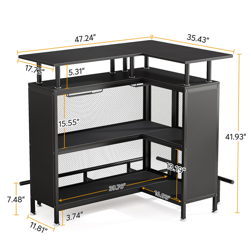L Shaped Home Mini Bar Table With 2 Tier Shelves & Glass Racks - Black