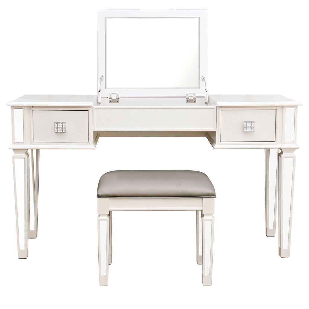 Mirrored Vanity Desk With Drawers And Stool, Flip Up Dressing Table Set For Makeup Room