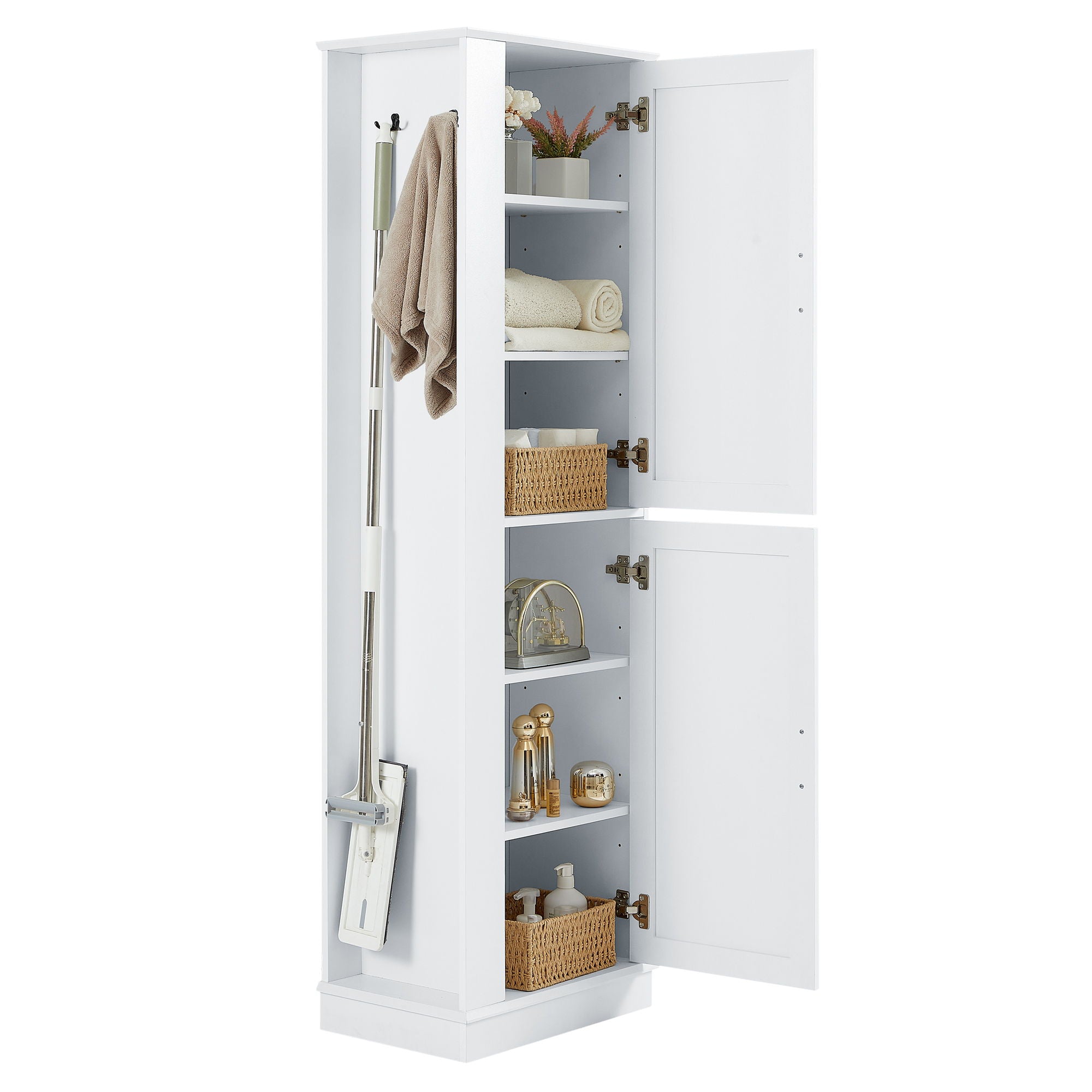 Tall Freestanding Bathroom Storage Cabinet With Adjustable Shelves And Side Hooks