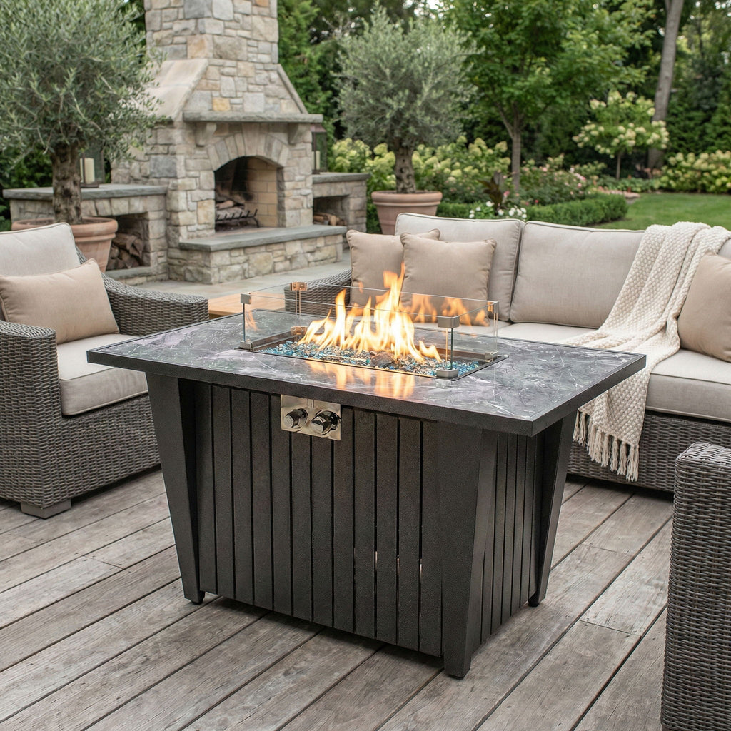 Morden Steel Fire Pit Table With Marble Tile Tabletop, Glass Wind Guard And Lid