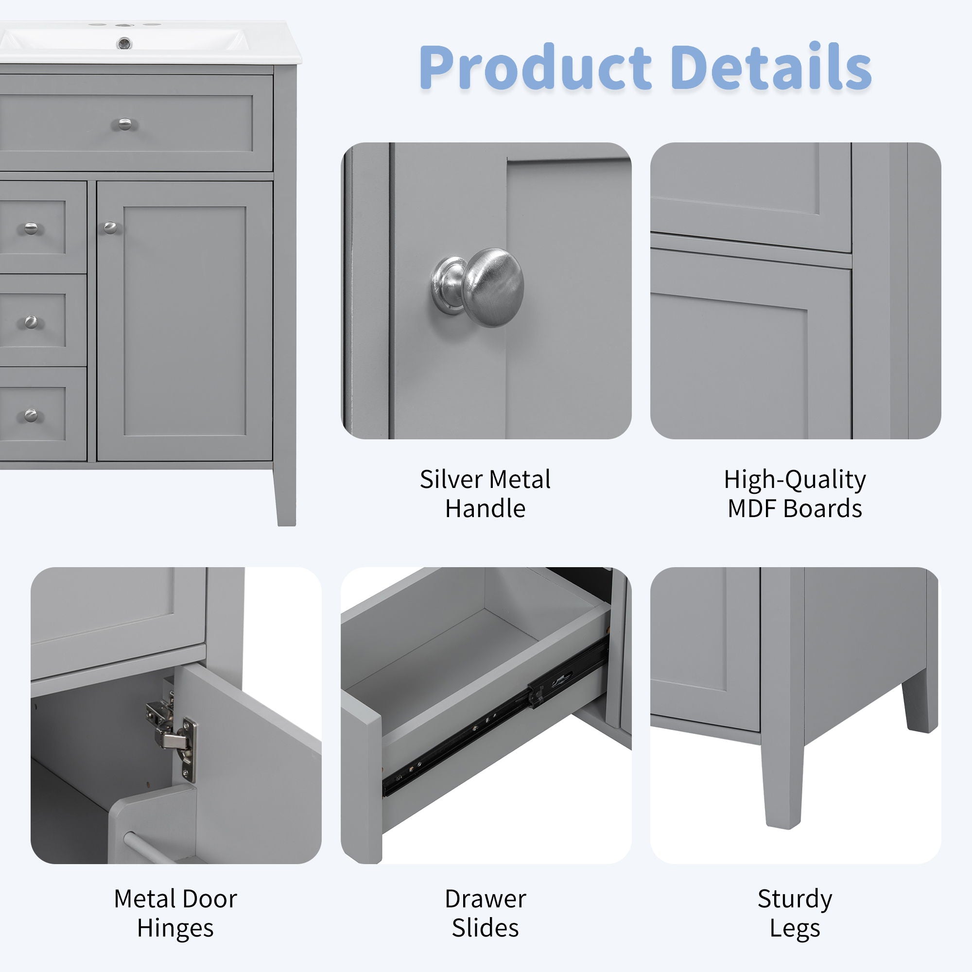 Bathroom Vanity With Sink, 3 Drawers & Cabinet With Adjustable Shelves
