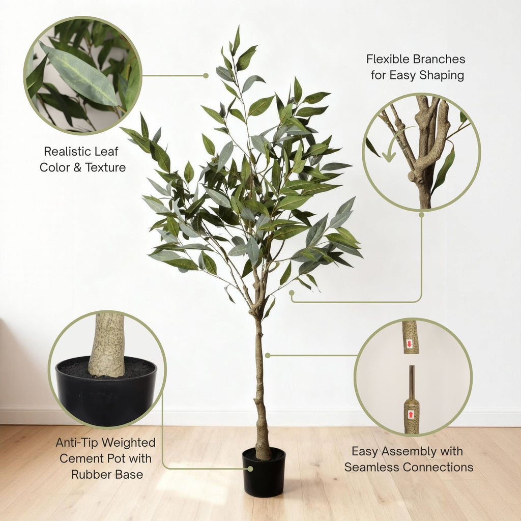 5Ft Realistic Artificial Eucalyptus Tree In Pot With Lush Leaves For Home Office Decor - Green Leaves