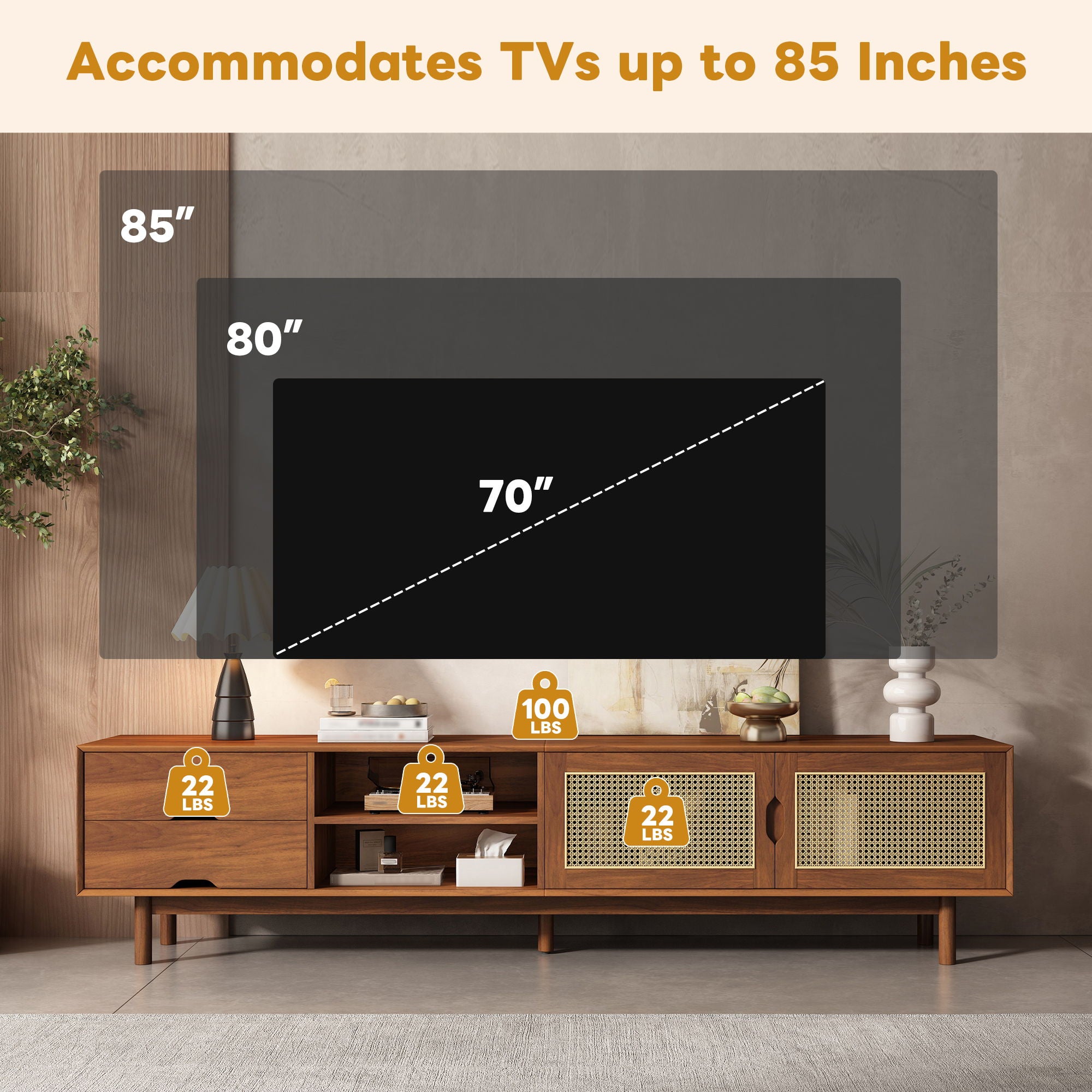 TV Stand For TVs Up To 85", Media Console With 2 Drawers - Walnut