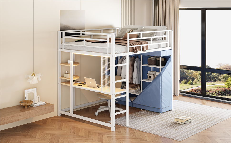 Loft Bed With Desk, Shelves, Power Outlet, LED Light And Wardrobe