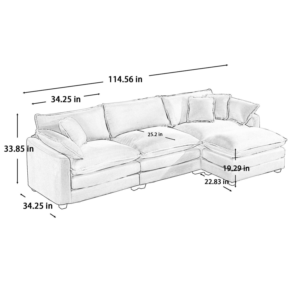 Modern Modular Cushion Sofa With Ottoman, Low Back, Deep Seating Sofa Set