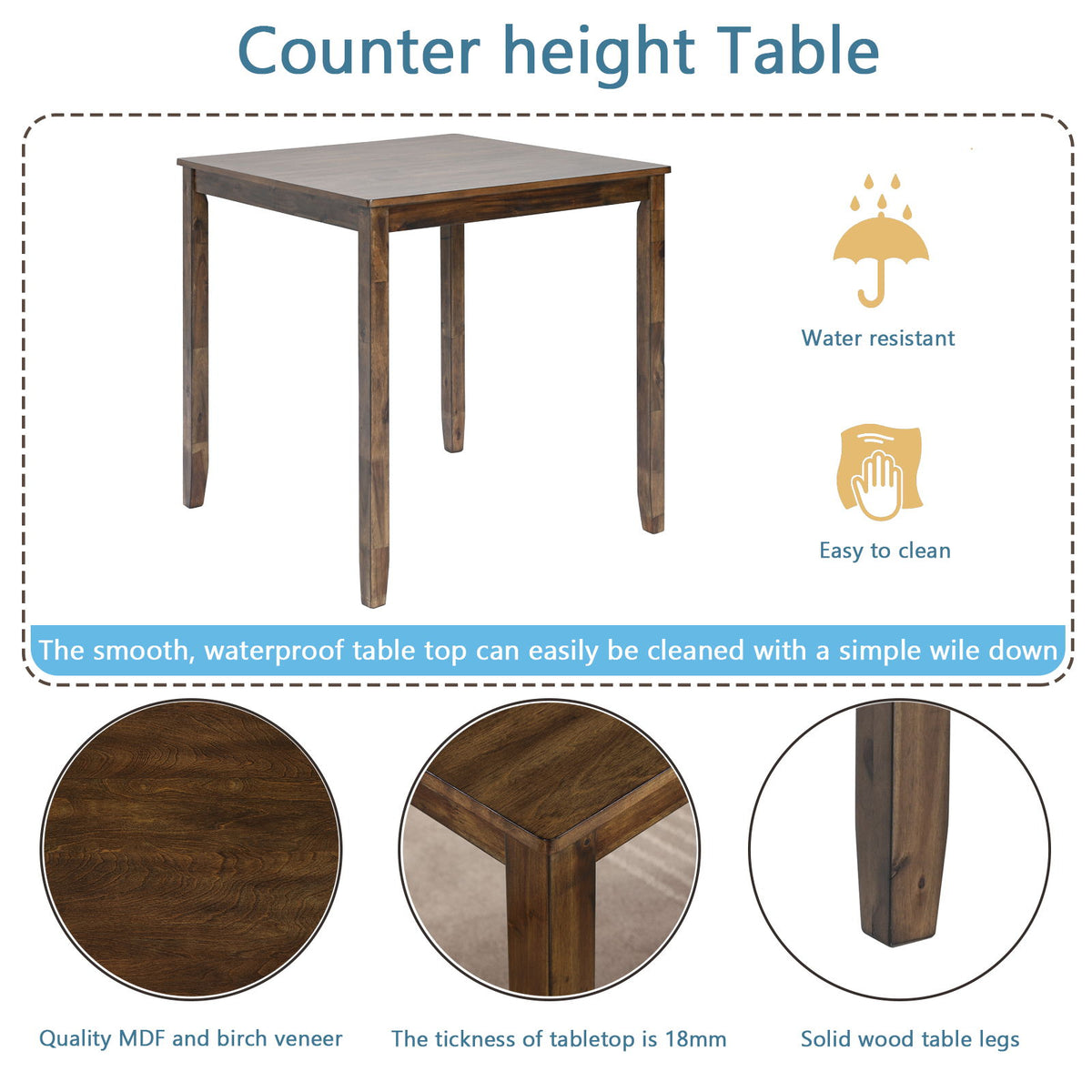 5 Pieces Dining Table Set, Counter Height Kitchen Table Set With Square Table And 4 Upholstered Chairs