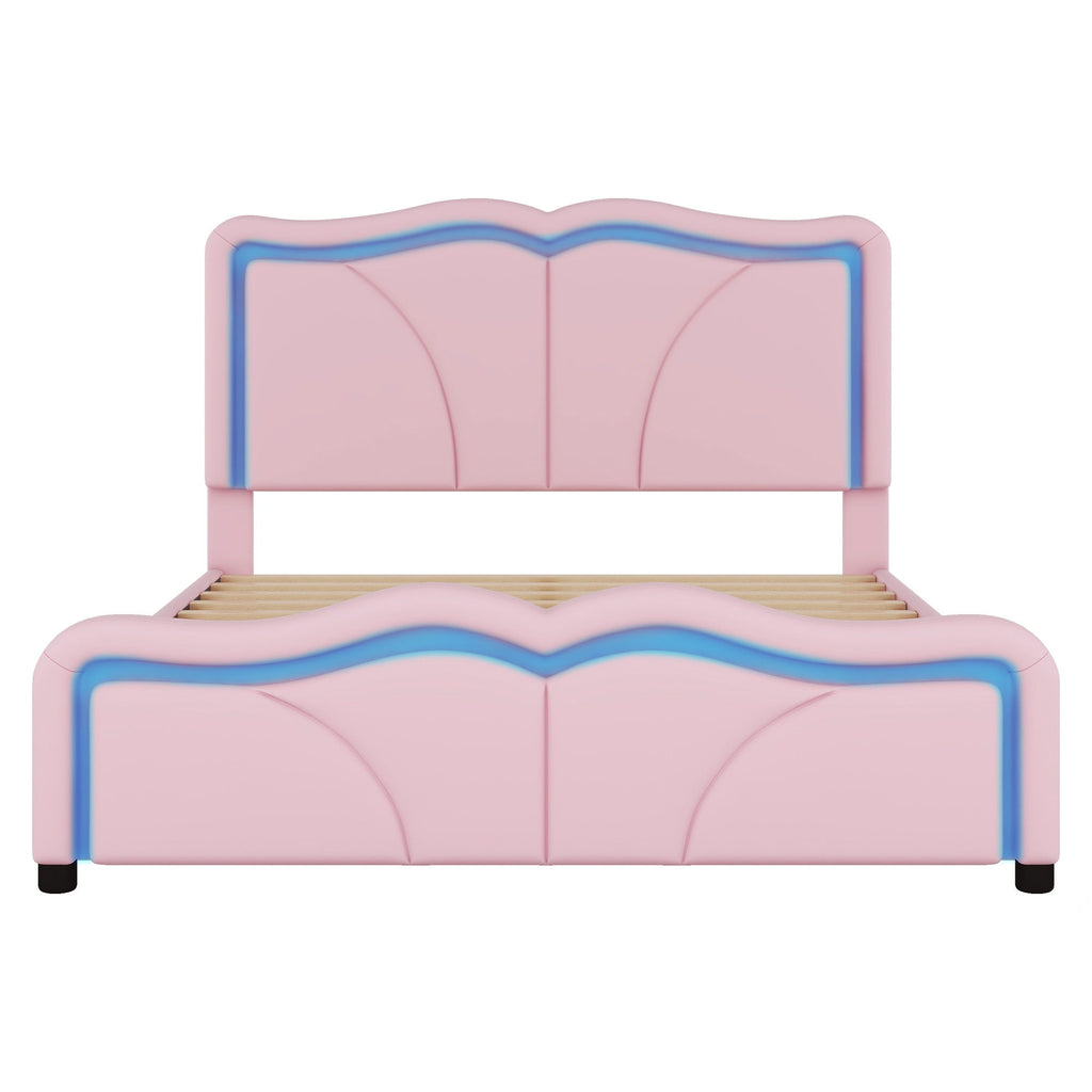 Upholstered Platform Bed & Curve Shaped And Height Adjustable Headboard, LED Light Strips