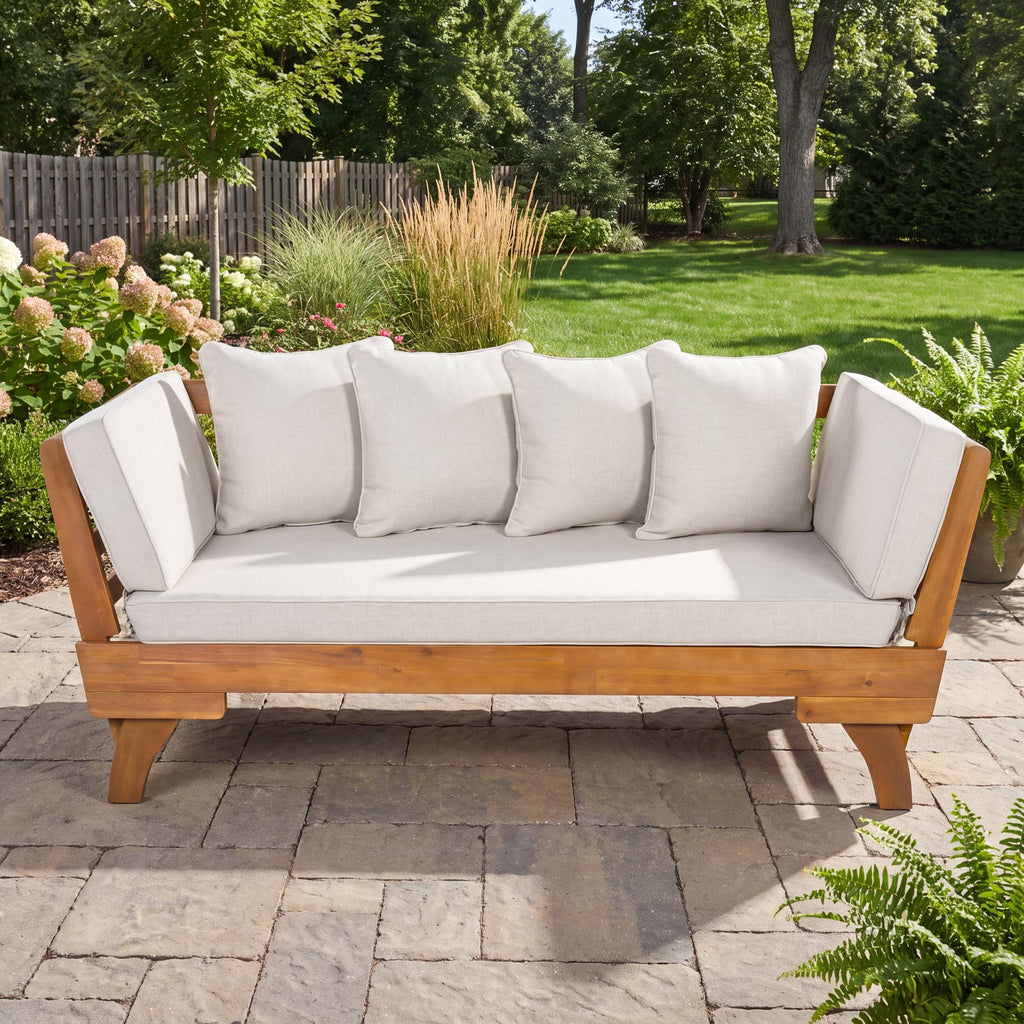 Outdoor Patio Daybed Sofa With Foldable Arm, 3 Seat With 4 Back Pillows - Beige / Teak