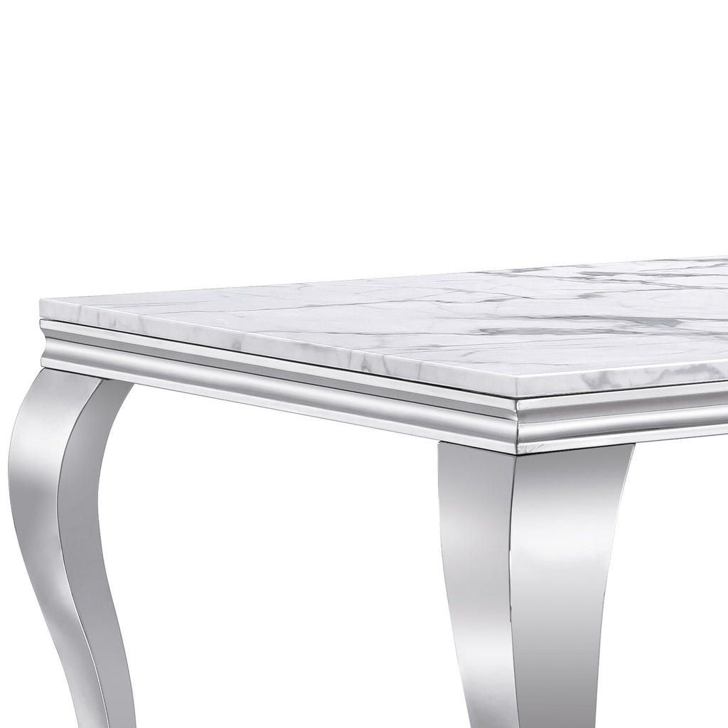 Marble Printed Rectangular Dining Table, Frame And Stainless Steel Legs - Silver / White