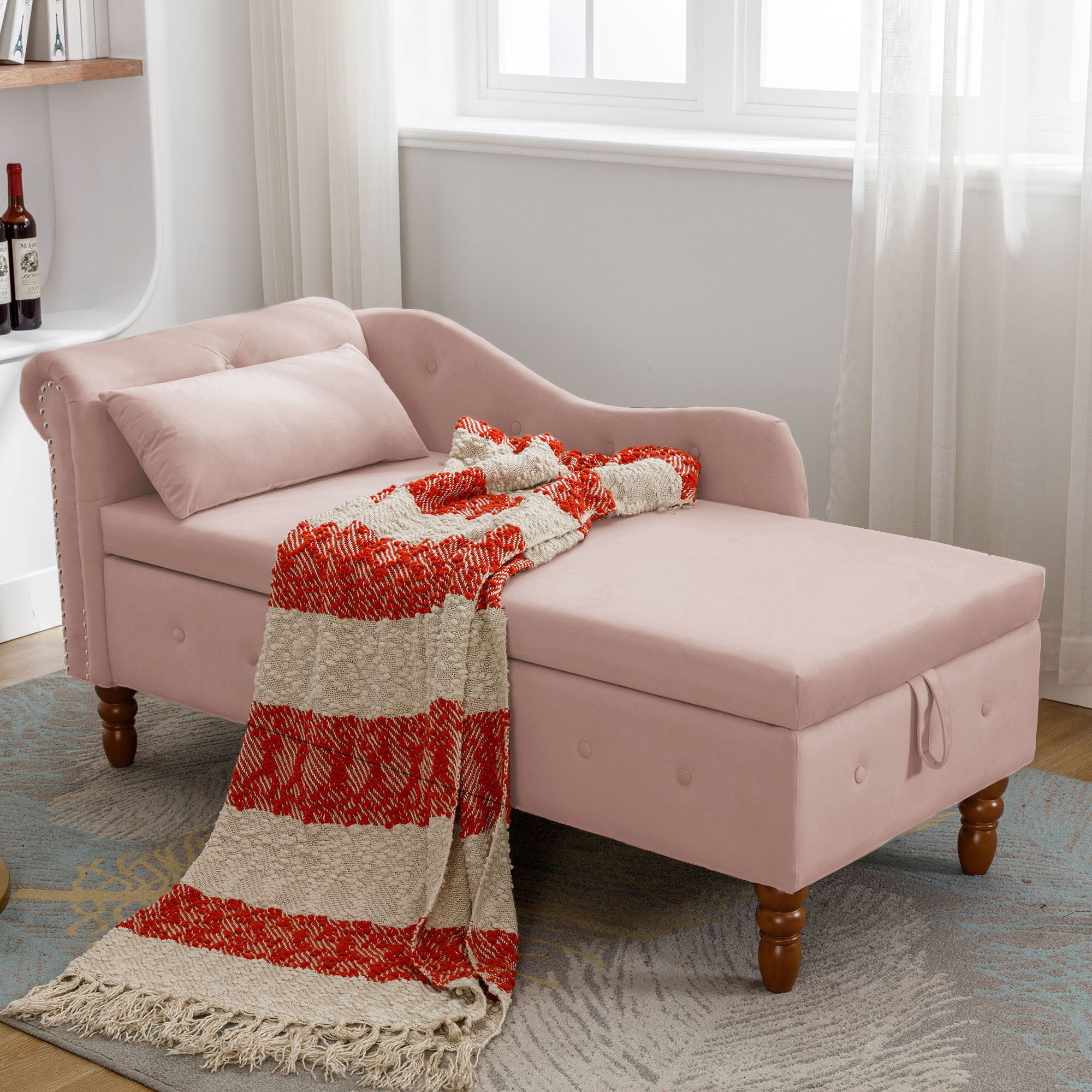 Chaise Lounge Indoor, Lounge Chair For Bedroom With Storage & Pillow, Modern Upholstered Rolled Arm Chase Lounge For Sleeping With Nailhead Trim For Living Room Bedroom Office