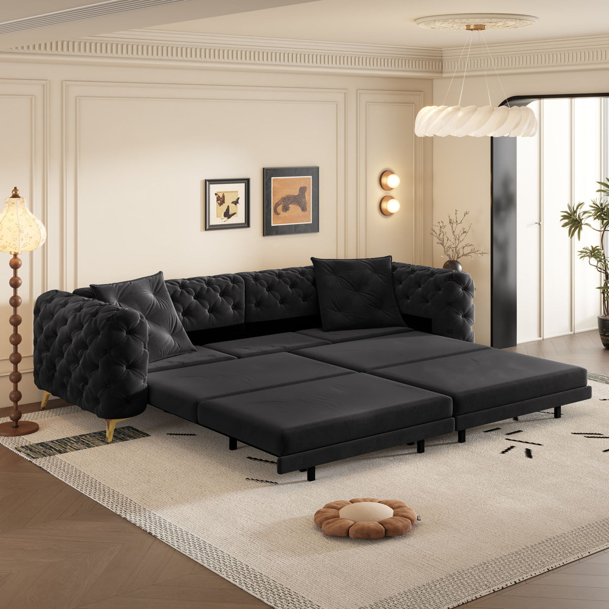 3 In 1 Convertible Sleeper, Deep Seat Pull Out Sofa Bed, Button Tufted